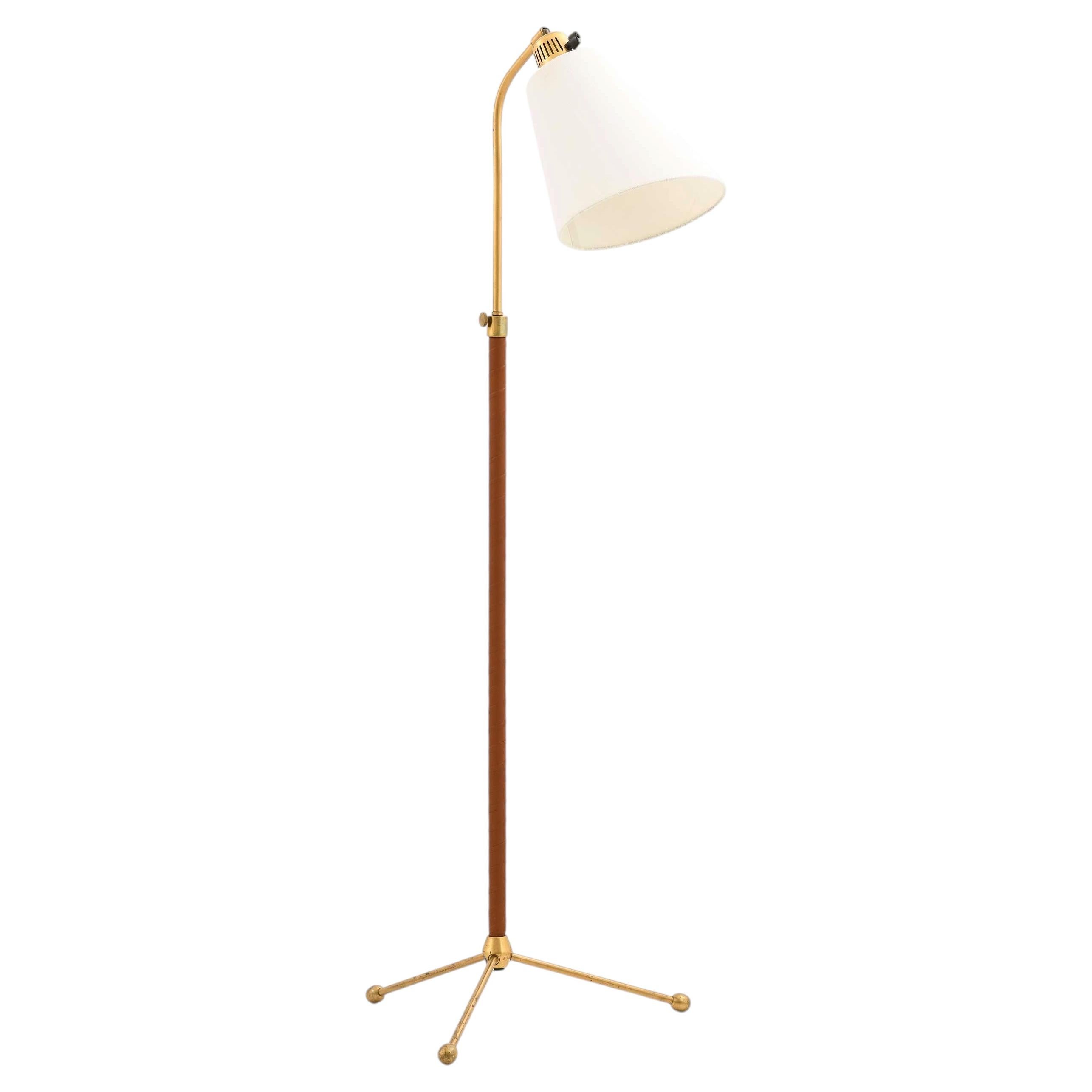Hans Bergström Brass, Leather Floor Lamp by Ateljé Lyktan, 1940s