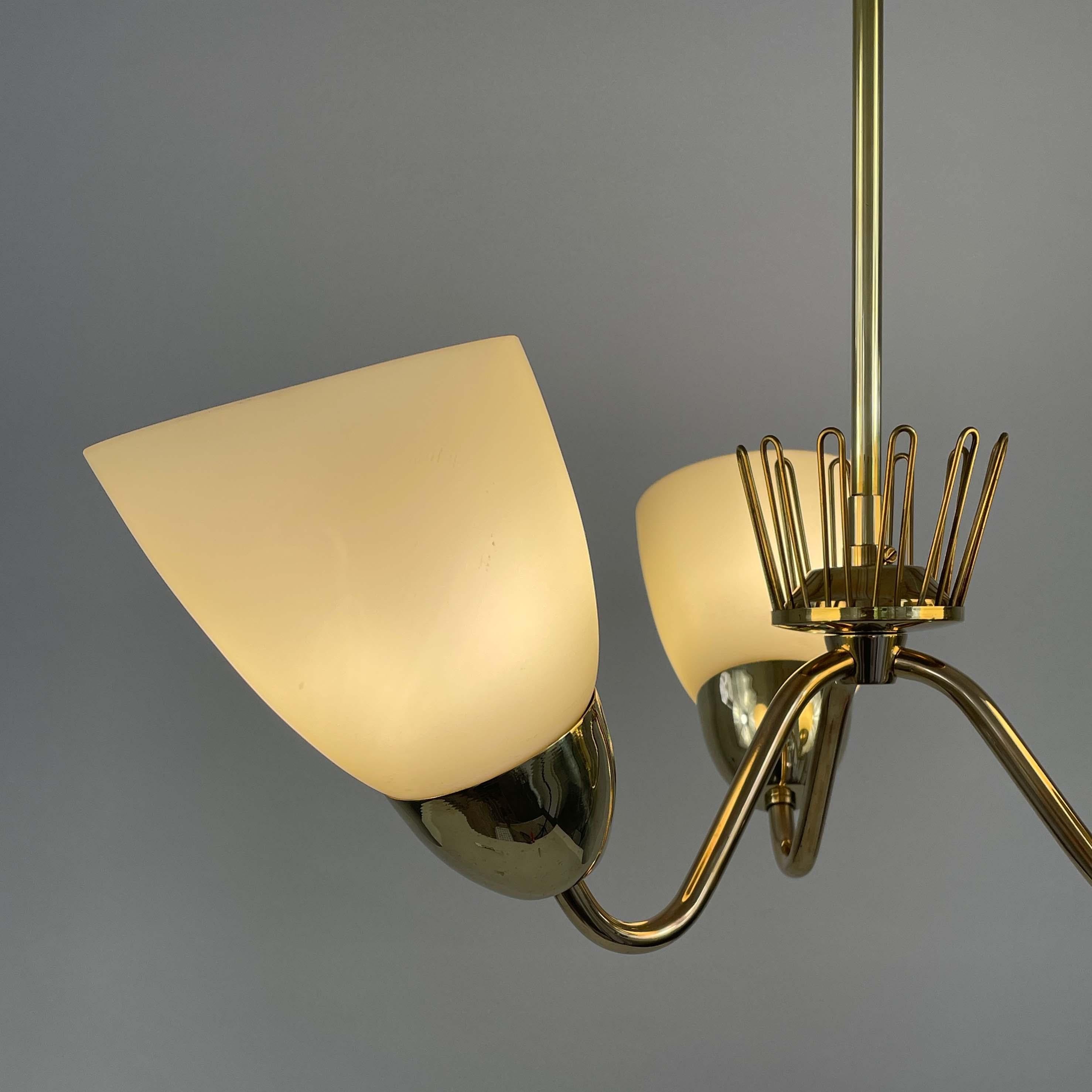 Hans Bergström Brass & Opaline Glass Three Arm Chandelier, ASEA, Sweden 1950s For Sale 4