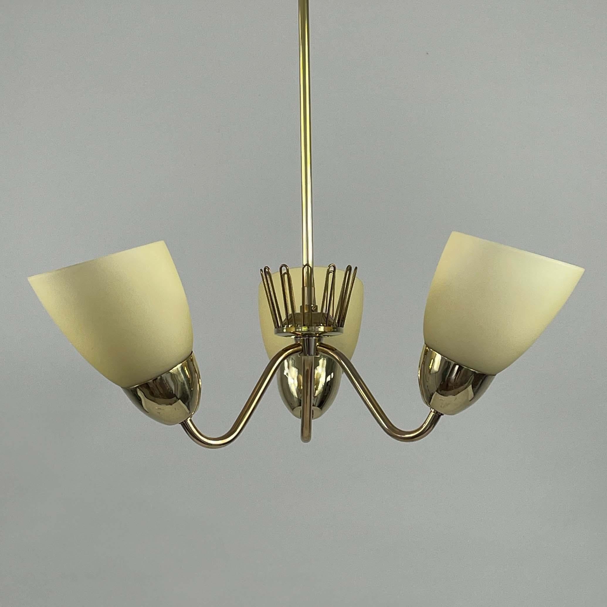 Hans Bergström Brass & Opaline Glass Three Arm Chandelier, ASEA, Sweden 1950s For Sale 6