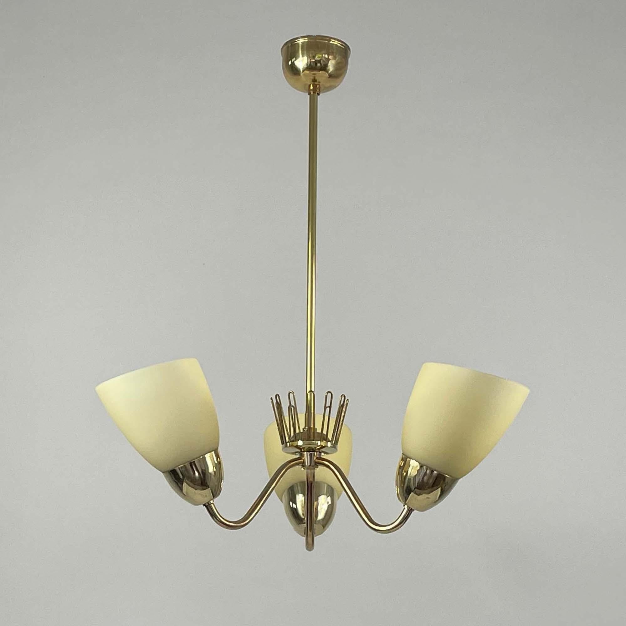 Hans Bergström Brass & Opaline Glass Three Arm Chandelier, ASEA, Sweden 1950s For Sale 7