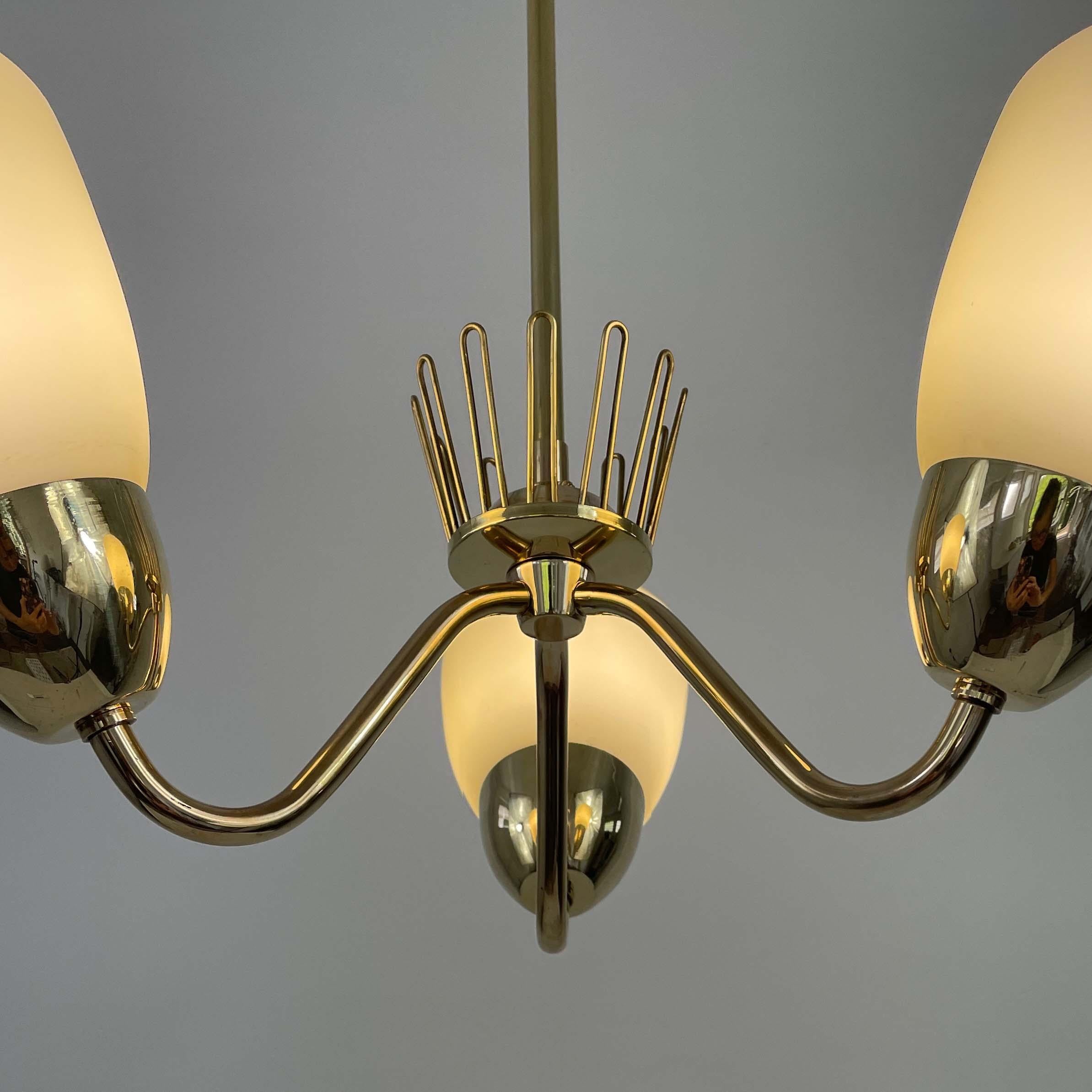 Hans Bergström Brass & Opaline Glass Three Arm Chandelier, ASEA, Sweden 1950s For Sale 8