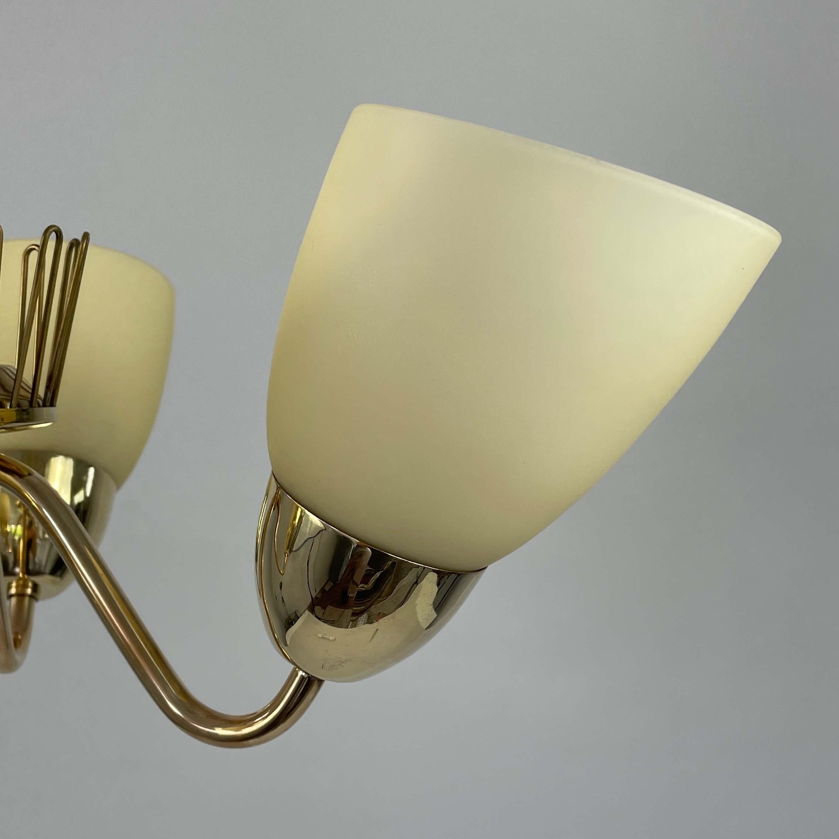Hans Bergström Brass & Opaline Glass Three Arm Chandelier, ASEA, Sweden 1950s For Sale 9