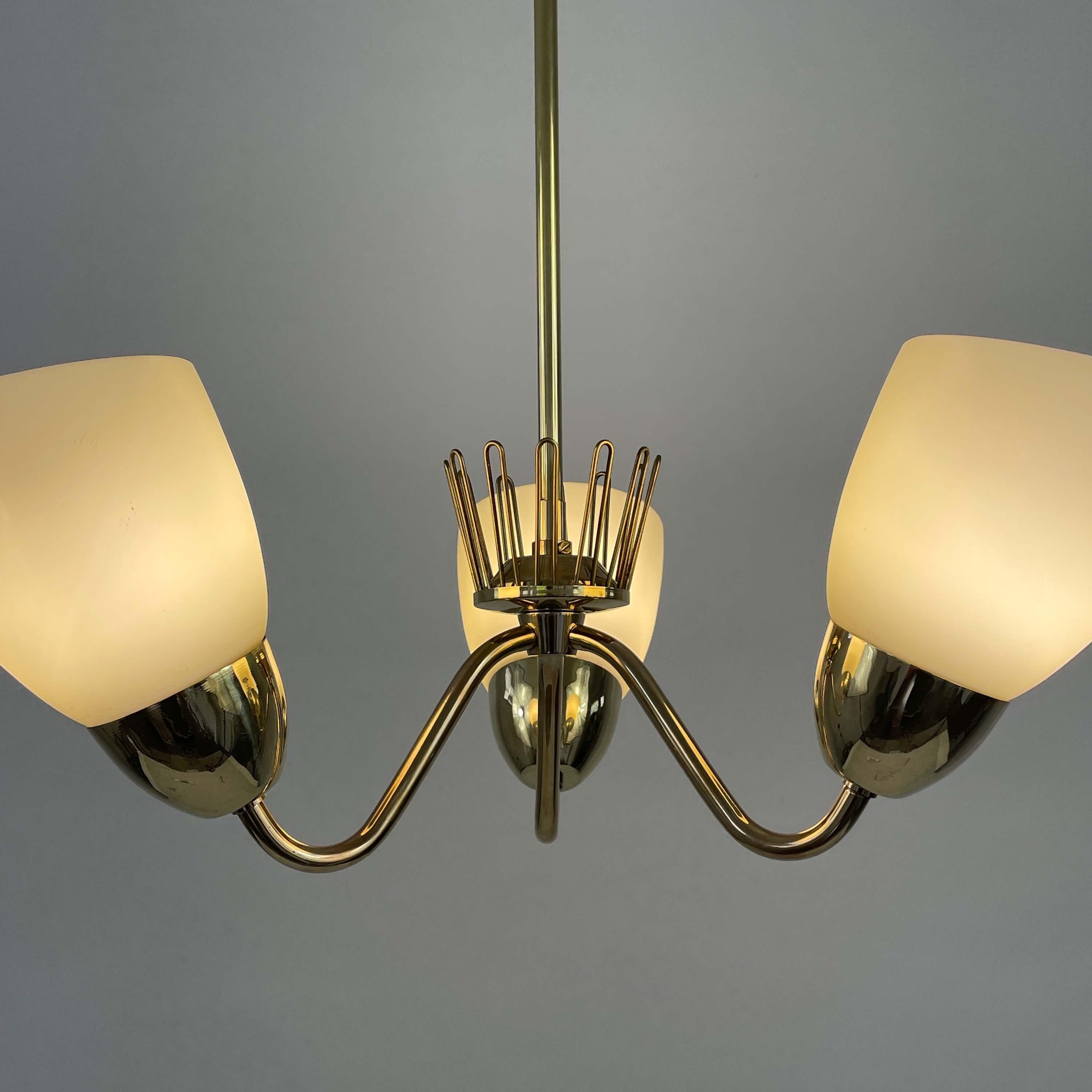 Hans Bergström Brass & Opaline Glass Three Arm Chandelier, ASEA, Sweden 1950s For Sale 10