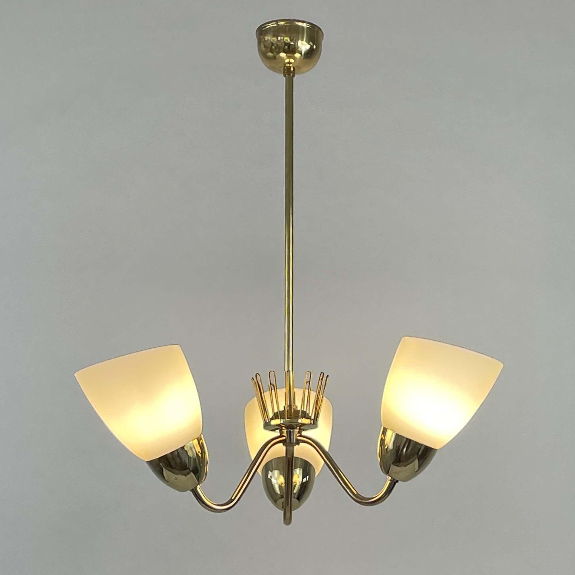 Mid-Century Modern Hans Bergström Brass & Opaline Glass Three Arm Chandelier, ASEA, Sweden 1950s For Sale