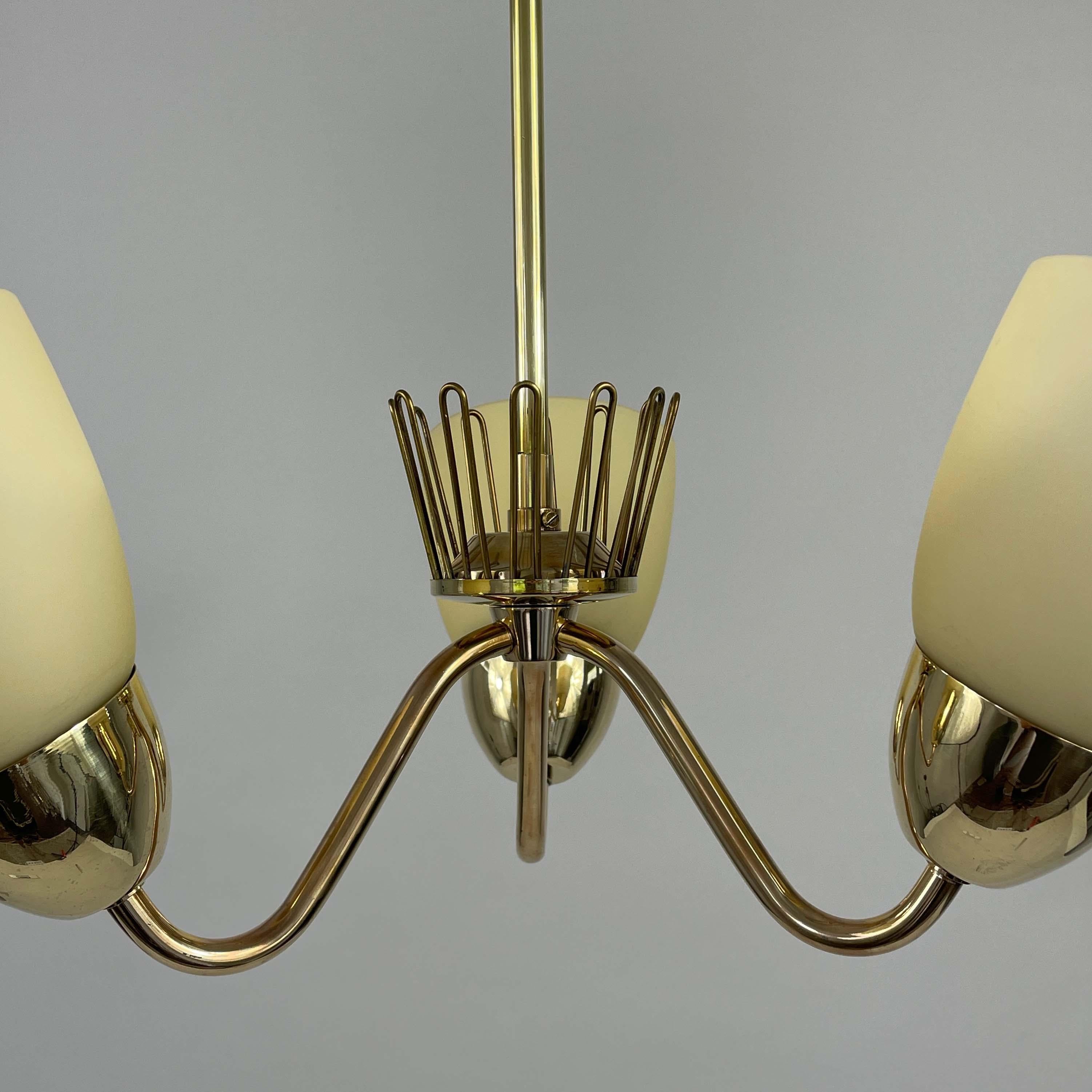 Swedish Hans Bergström Brass & Opaline Glass Three Arm Chandelier, ASEA, Sweden 1950s For Sale