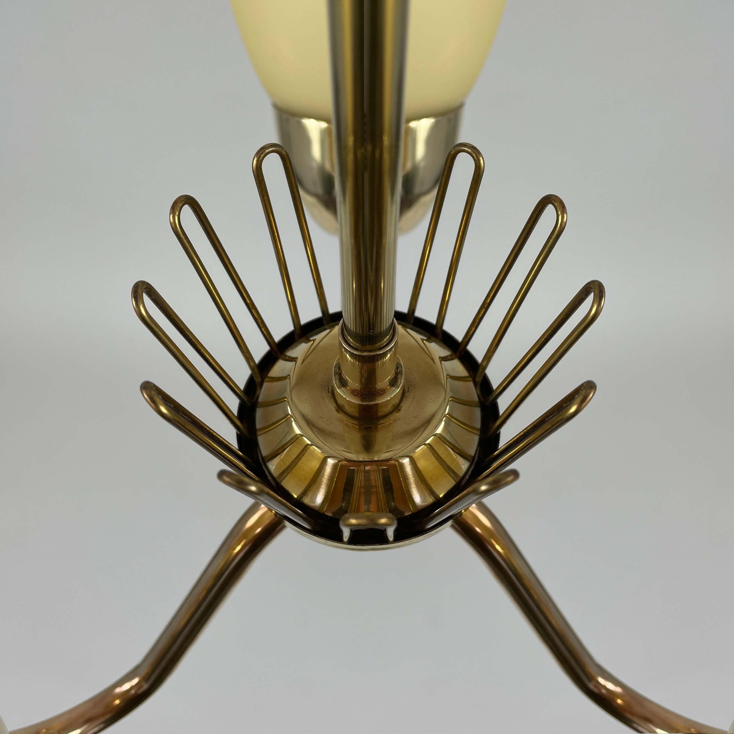 Mid-20th Century Hans Bergström Brass & Opaline Glass Three Arm Chandelier, ASEA, Sweden 1950s For Sale