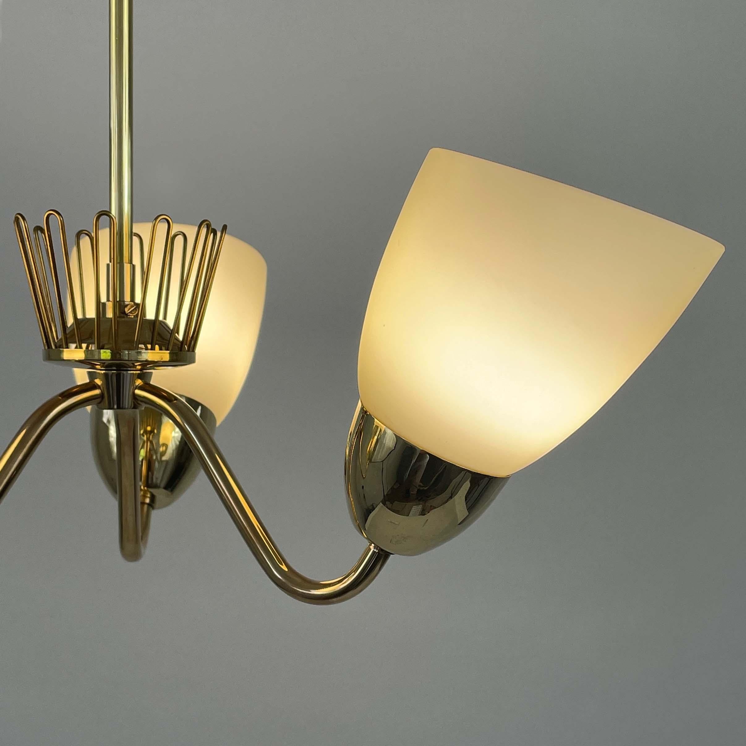 Hans Bergström Brass & Opaline Glass Three Arm Chandelier, ASEA, Sweden 1950s For Sale 1