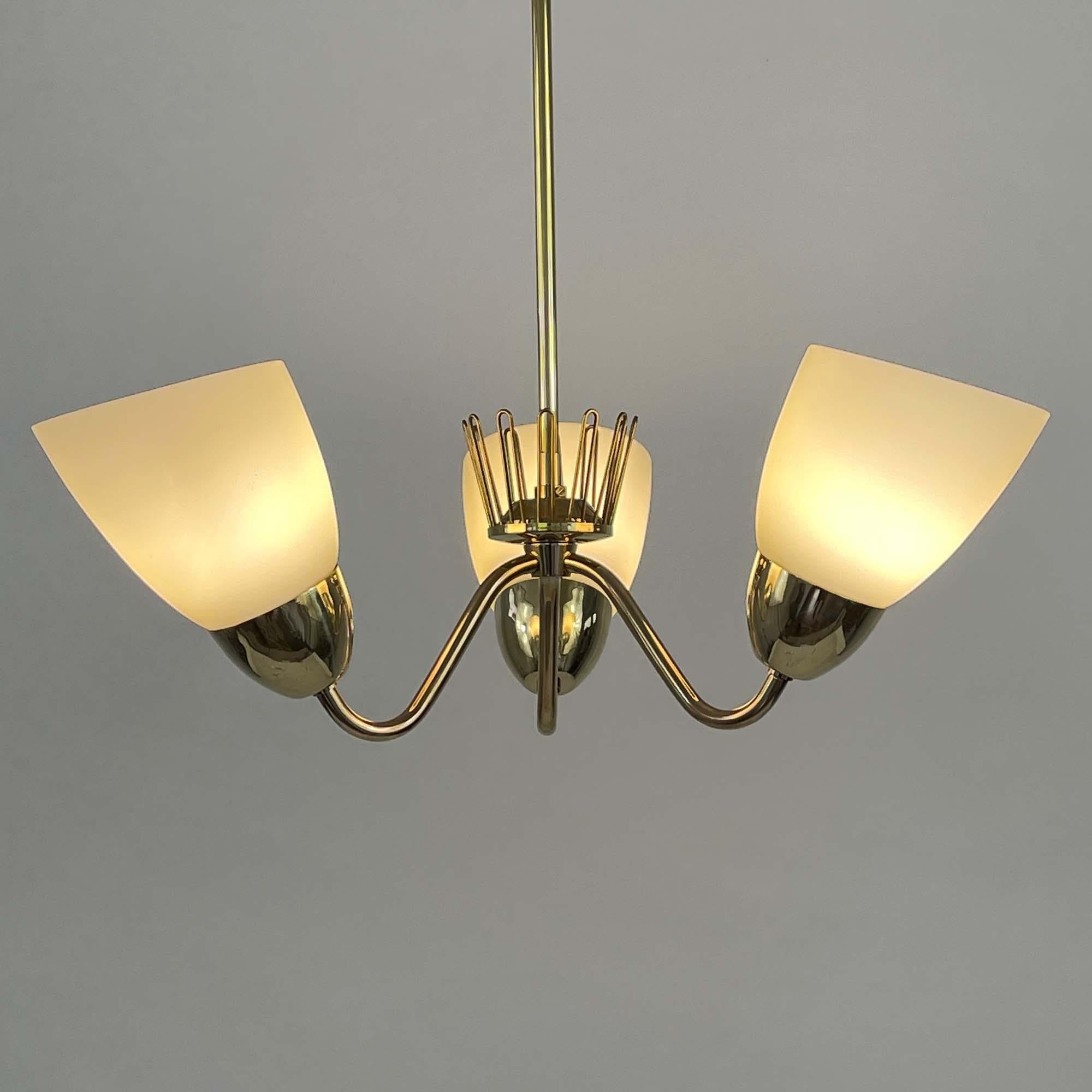 Hans Bergström Brass & Opaline Glass Three Arm Chandelier, ASEA, Sweden 1950s For Sale 2