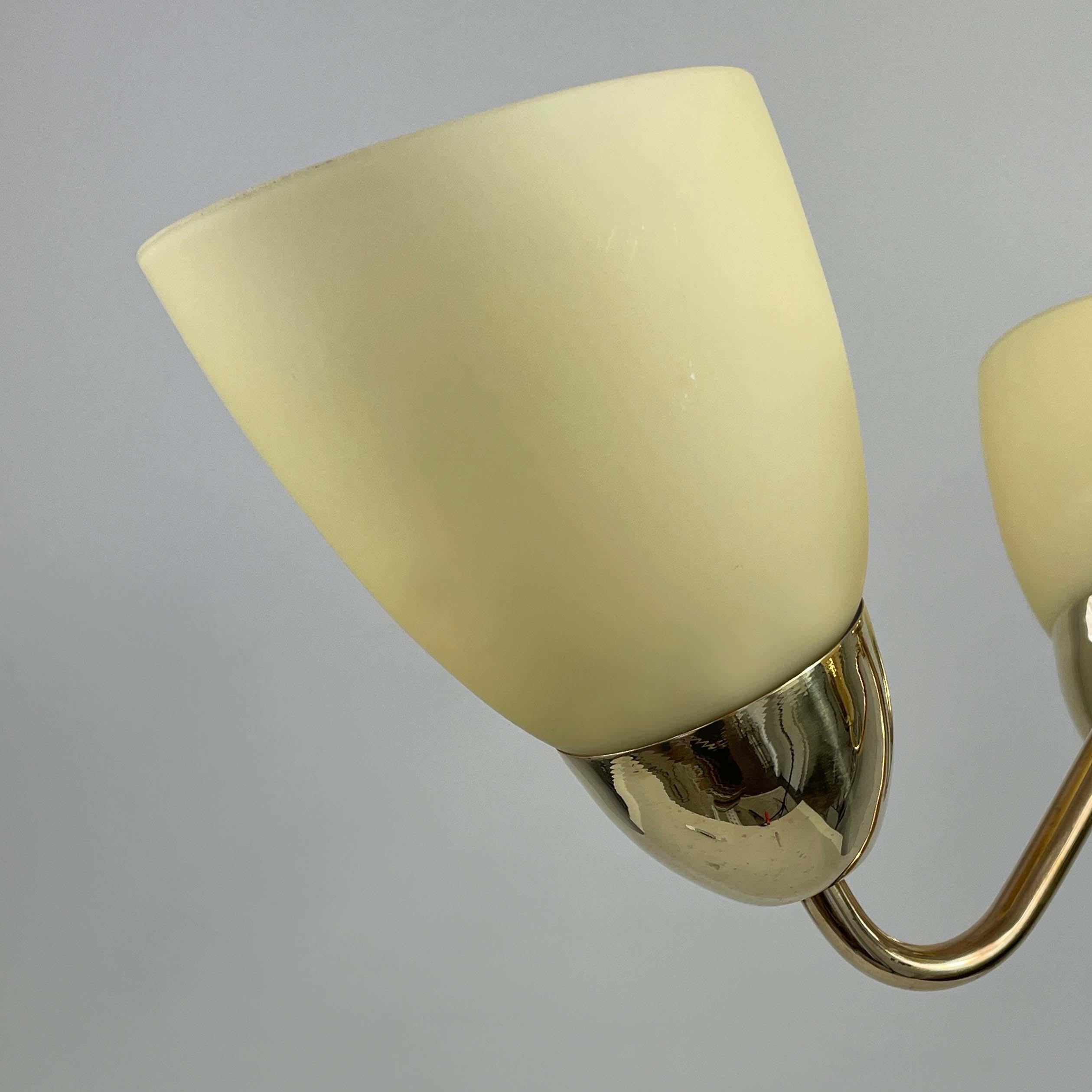 Hans Bergström Brass & Opaline Glass Three Arm Chandelier, ASEA, Sweden 1950s For Sale 3