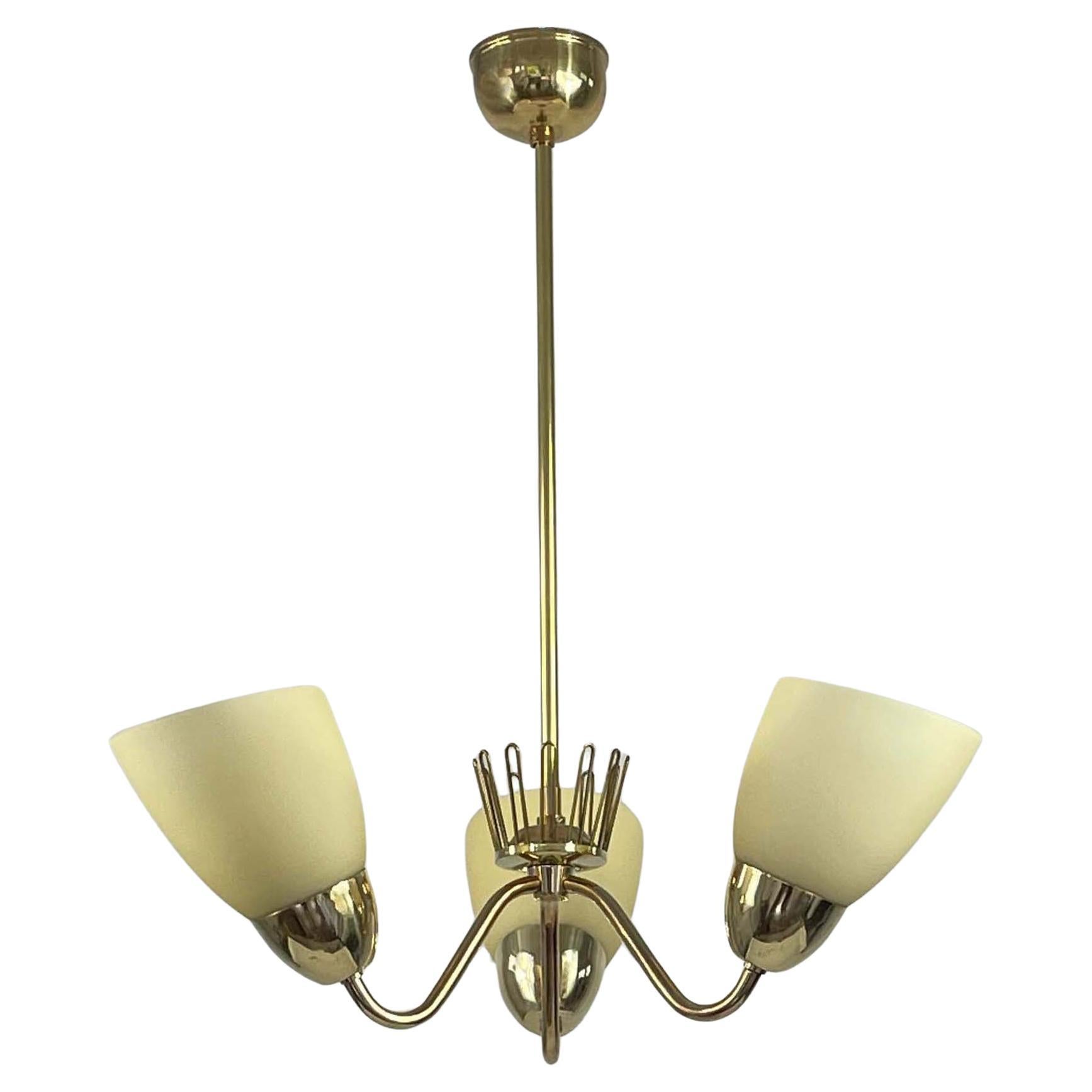 Hans Bergström Brass & Opaline Glass Three Arm Chandelier, ASEA, Sweden 1950s