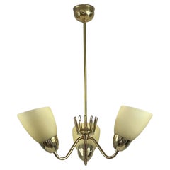 Hans Bergström Brass & Opaline Glass Three Arm Chandelier, ASEA, Sweden 1950s