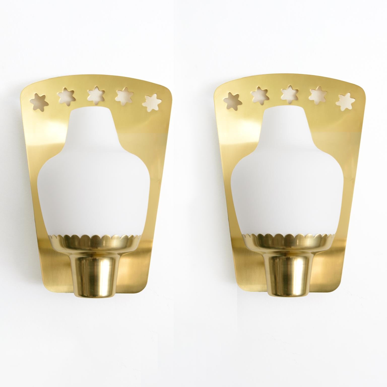 Scandinavian Modern Hans Bergstrom Brass Sconces Opaline Shades, ATELJÉ LYKTAN, SWEDEN For Sale