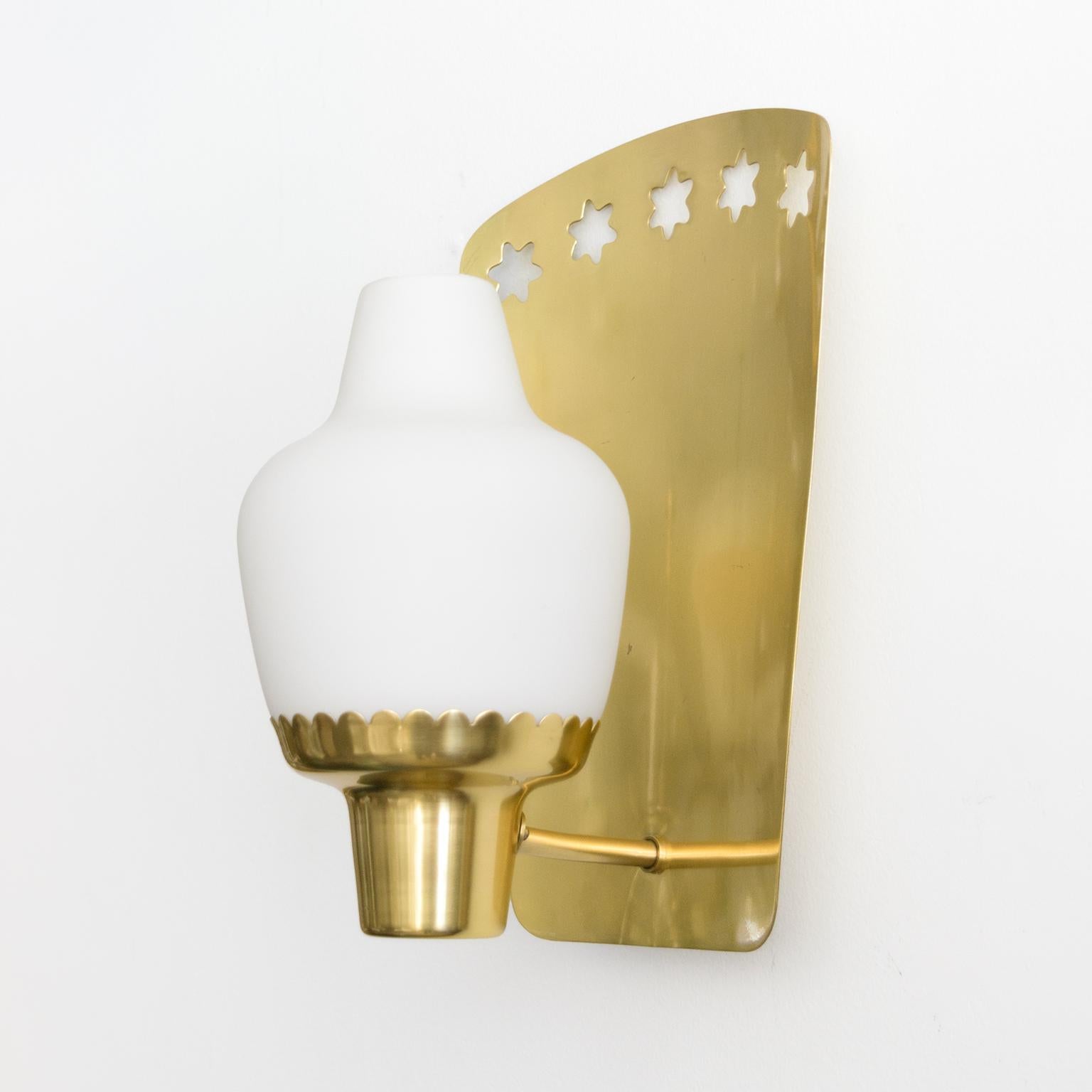Hans Bergstrom Brass Sconces Opaline Shades, ATELJÉ LYKTAN, SWEDEN In Excellent Condition For Sale In New York, NY
