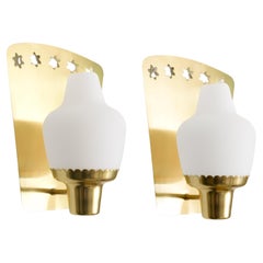 Hans Bergstrom Brass Sconces Opaline Shades, ATELJÉ LYKTAN, SWEDEN