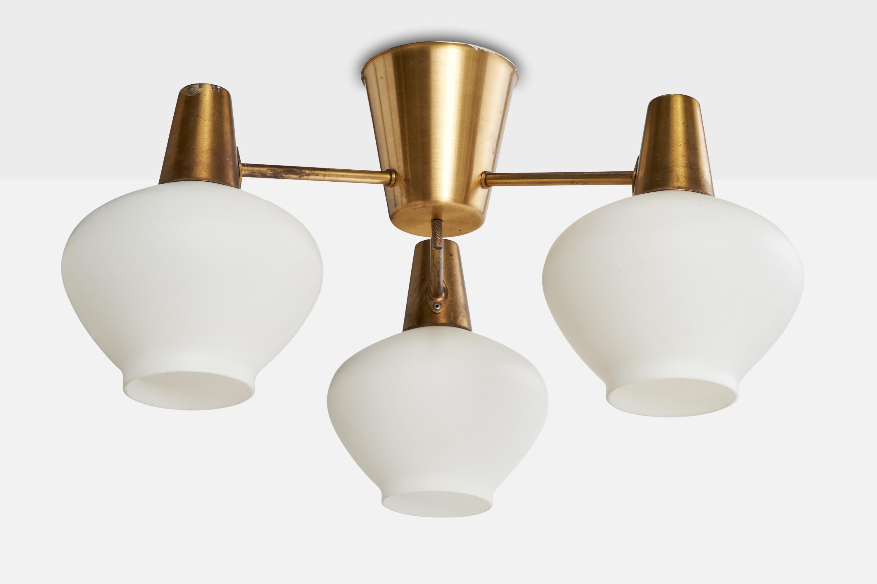A brass and white opaline glass chandelier designed by Hans Bergström and produced by Ateljé Lyktan, Sweden, c. 1950s.

Oxidation to brass. Missing brass to ceiling cup. 

Overall Dimensions (inches): 11.125” H x  20.5” Diameter

Dimensions of