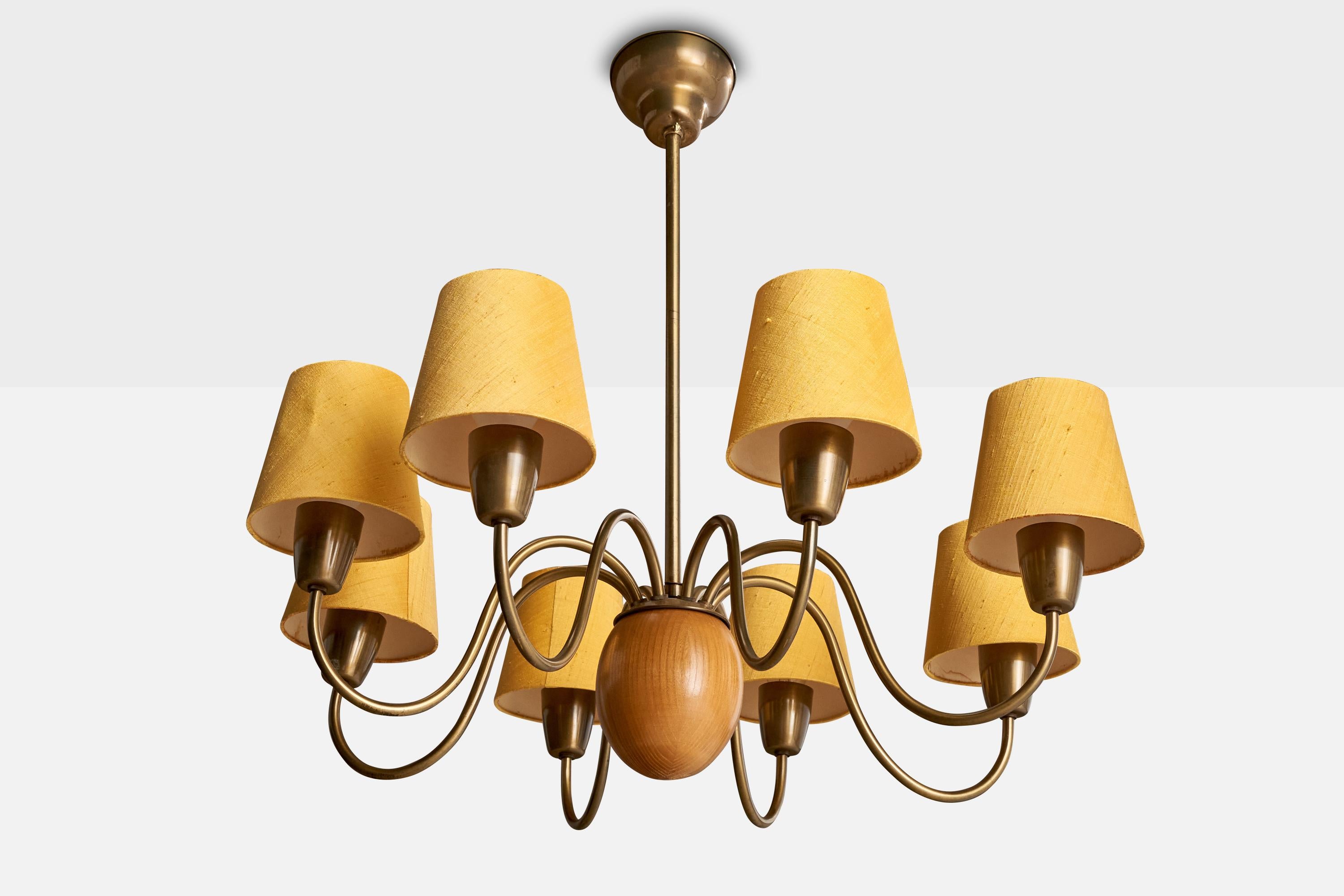 A brass, oak and yellow fabric chandelier designed by Hans Bergström and produced by Atelje Lyktan, Sweden, c. 1940s.

Overall Dimensions (inches): 24.75” H x  26.25” Diameter
Dimensions of Canopy:  3.375” H x 4.375” W x 4.375” D
Stem length: