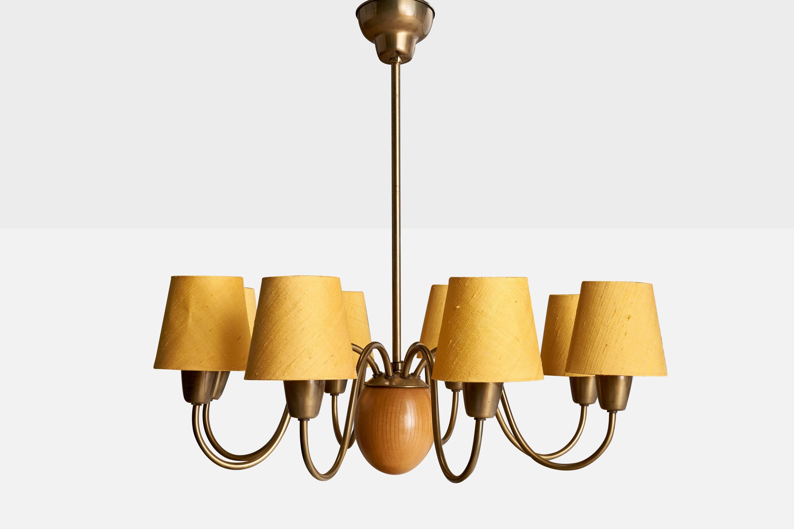 Scandinavian Modern Hans Bergström, Chandelier, Brass, Oak, Fabric, Sweden, 1940s For Sale