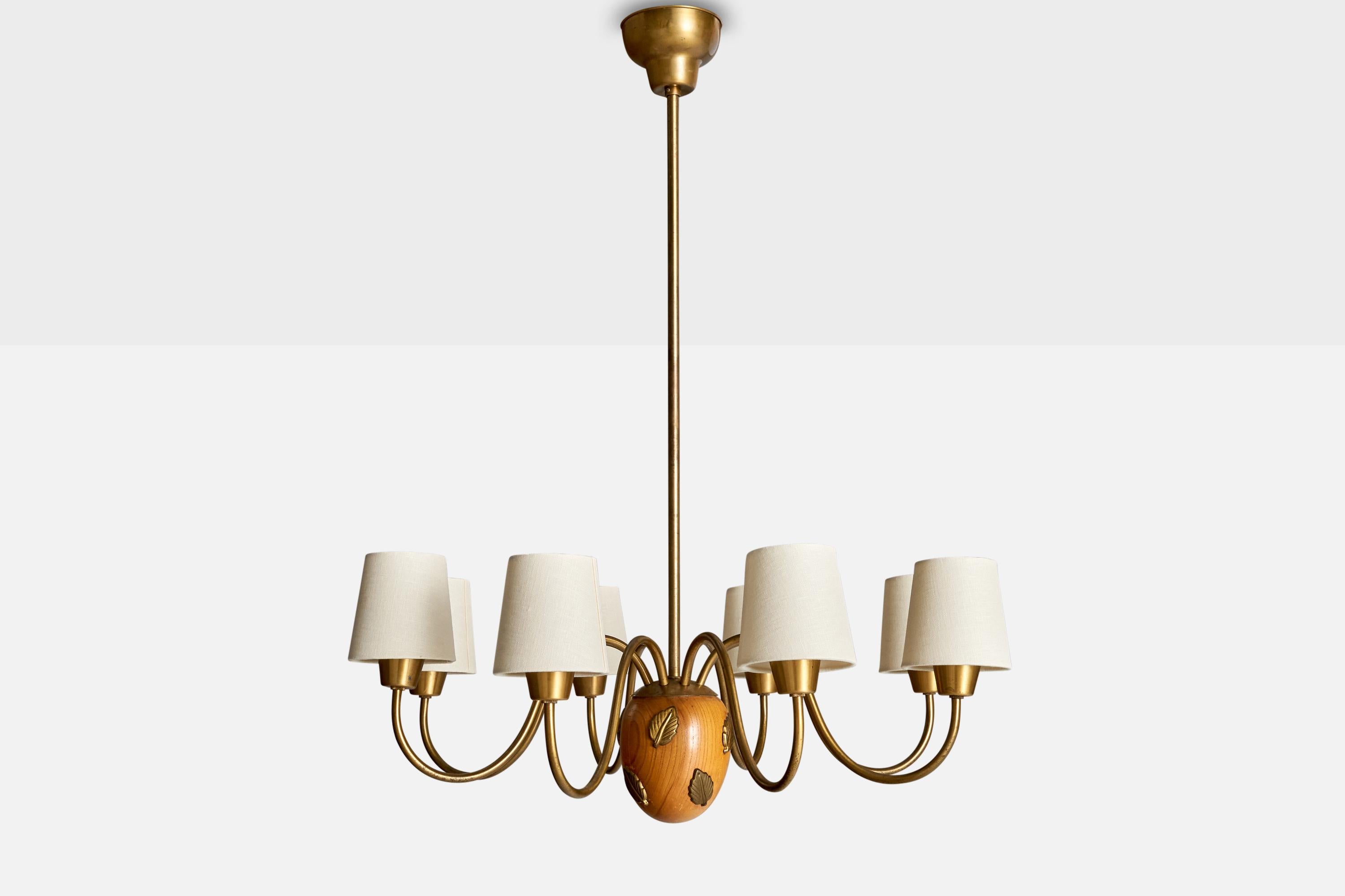 Scandinavian Modern Hans Bergström, Chandelier, Brass, Oak, Fabric, Sweden, 1940s For Sale