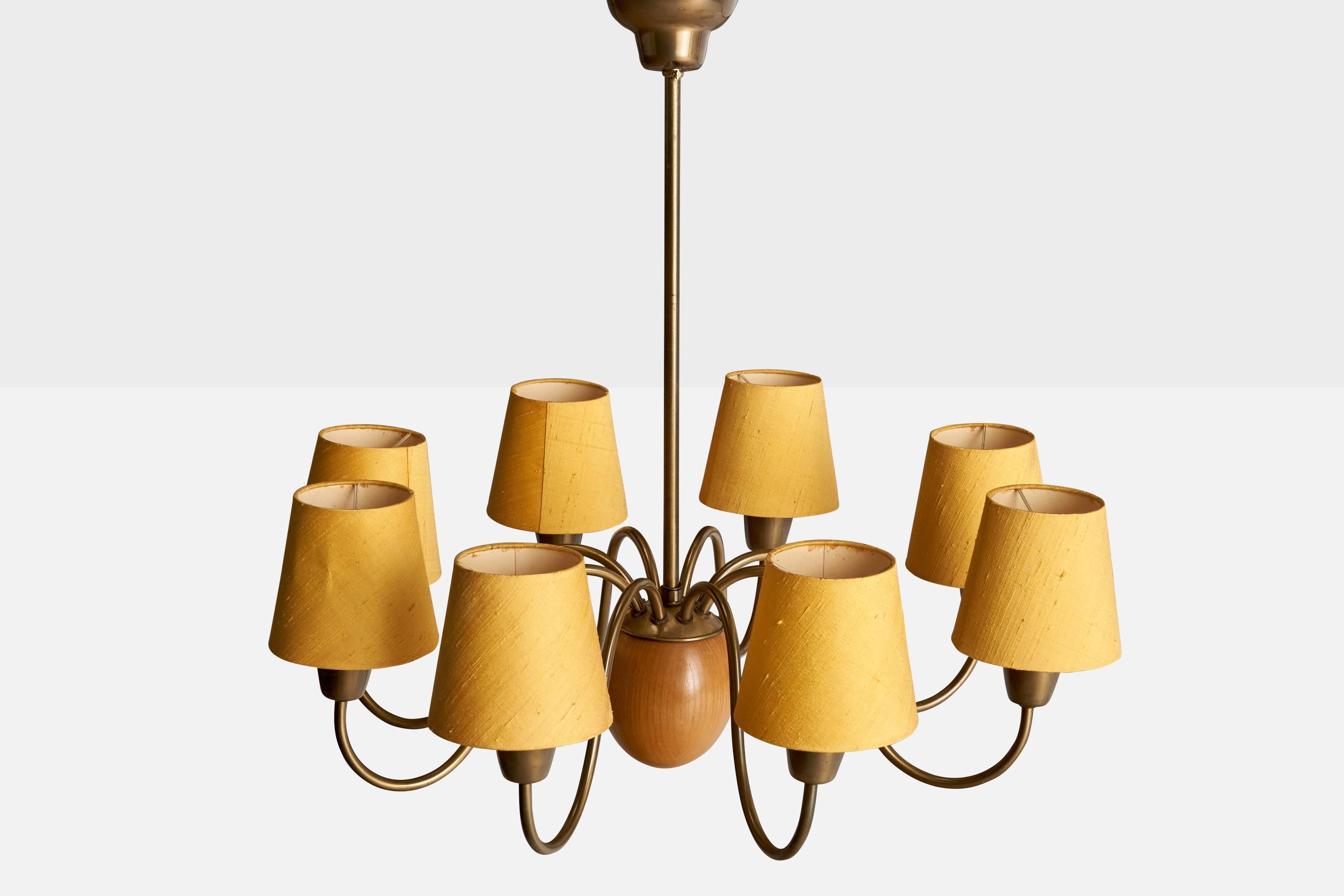 Swedish Hans Bergström, Chandelier, Brass, Oak, Fabric, Sweden, 1940s For Sale