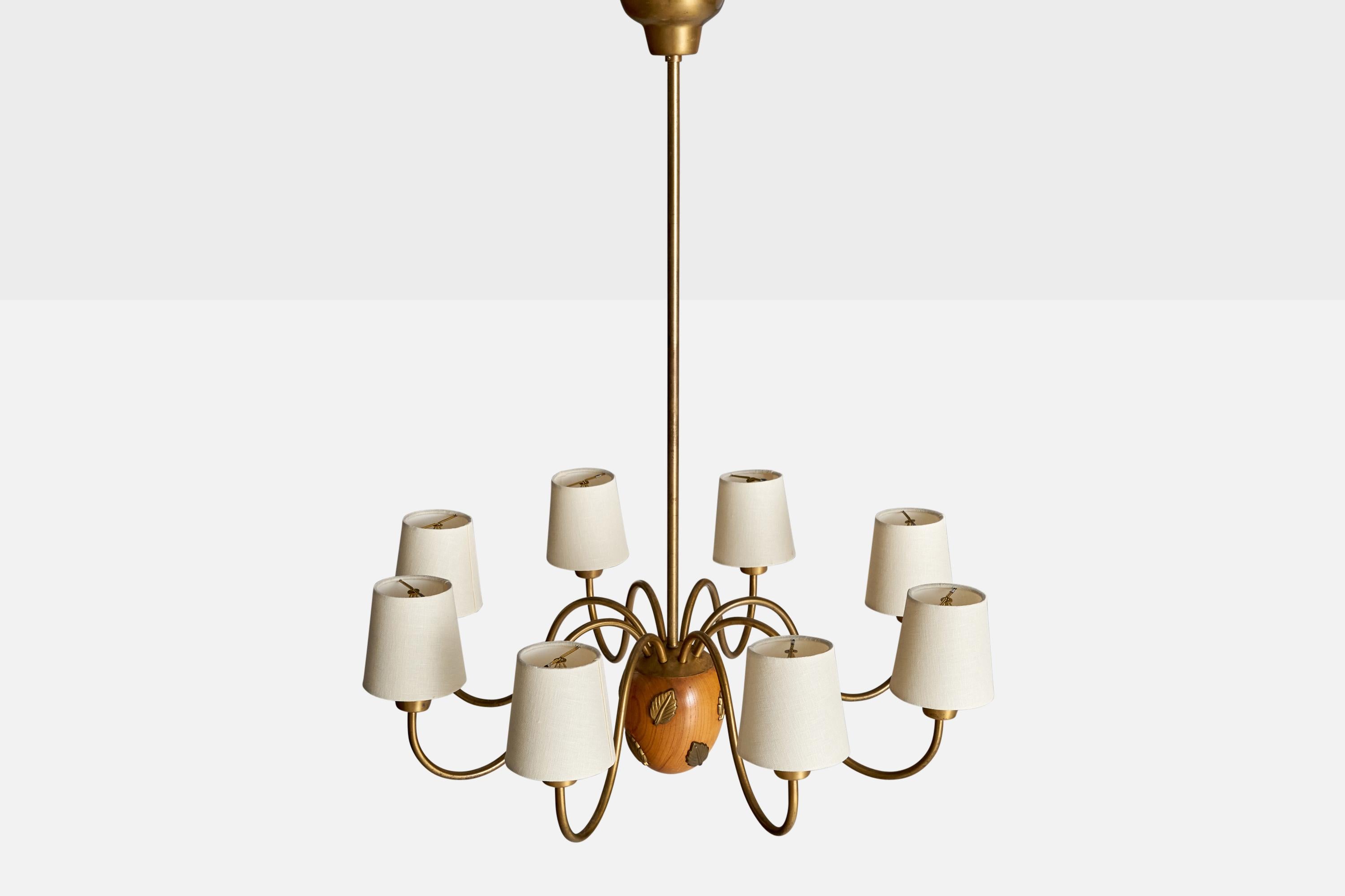 Swedish Hans Bergström, Chandelier, Brass, Oak, Fabric, Sweden, 1940s For Sale