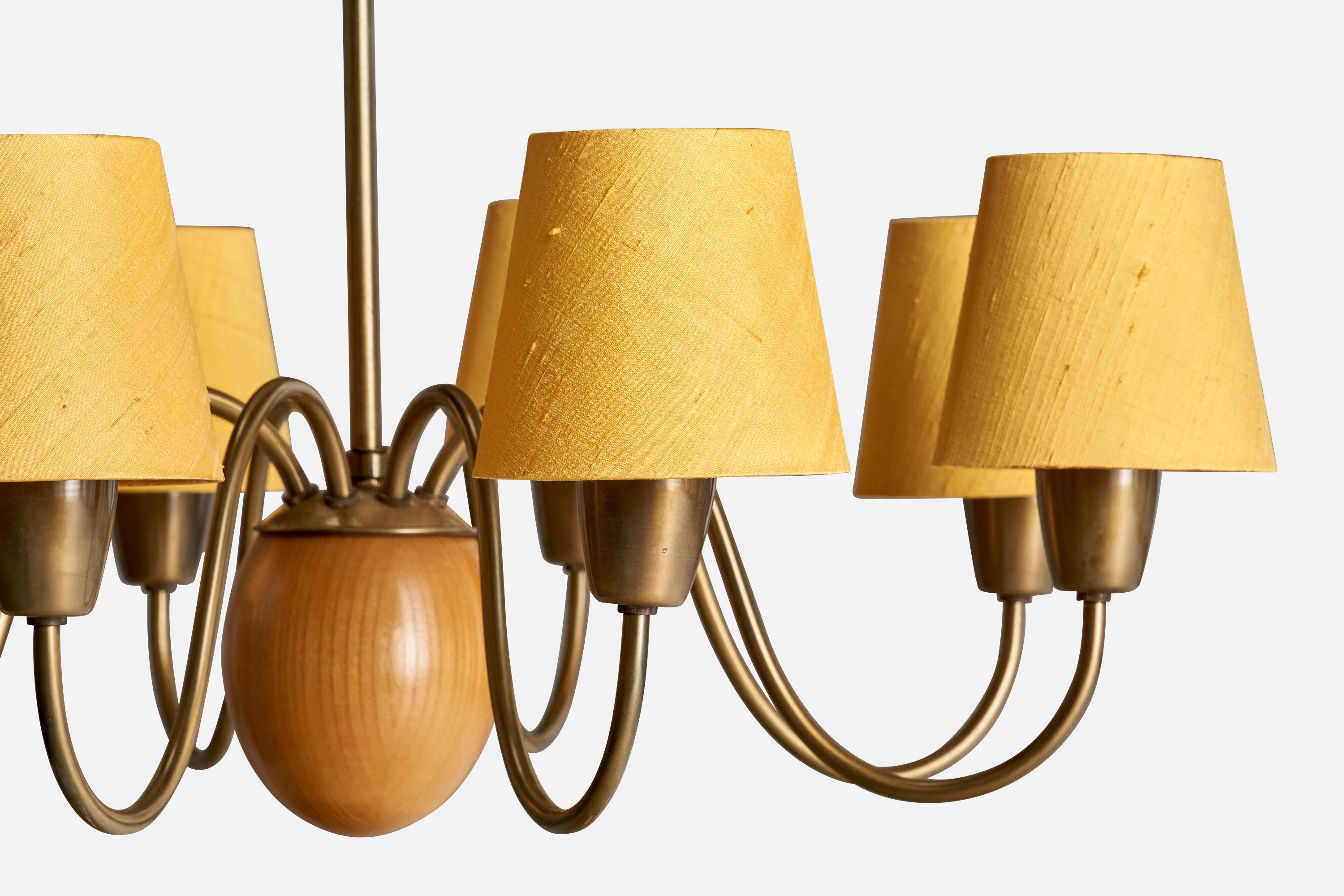 Hans Bergström, Chandelier, Brass, Oak, Fabric, Sweden, 1940s In Good Condition For Sale In High Point, NC