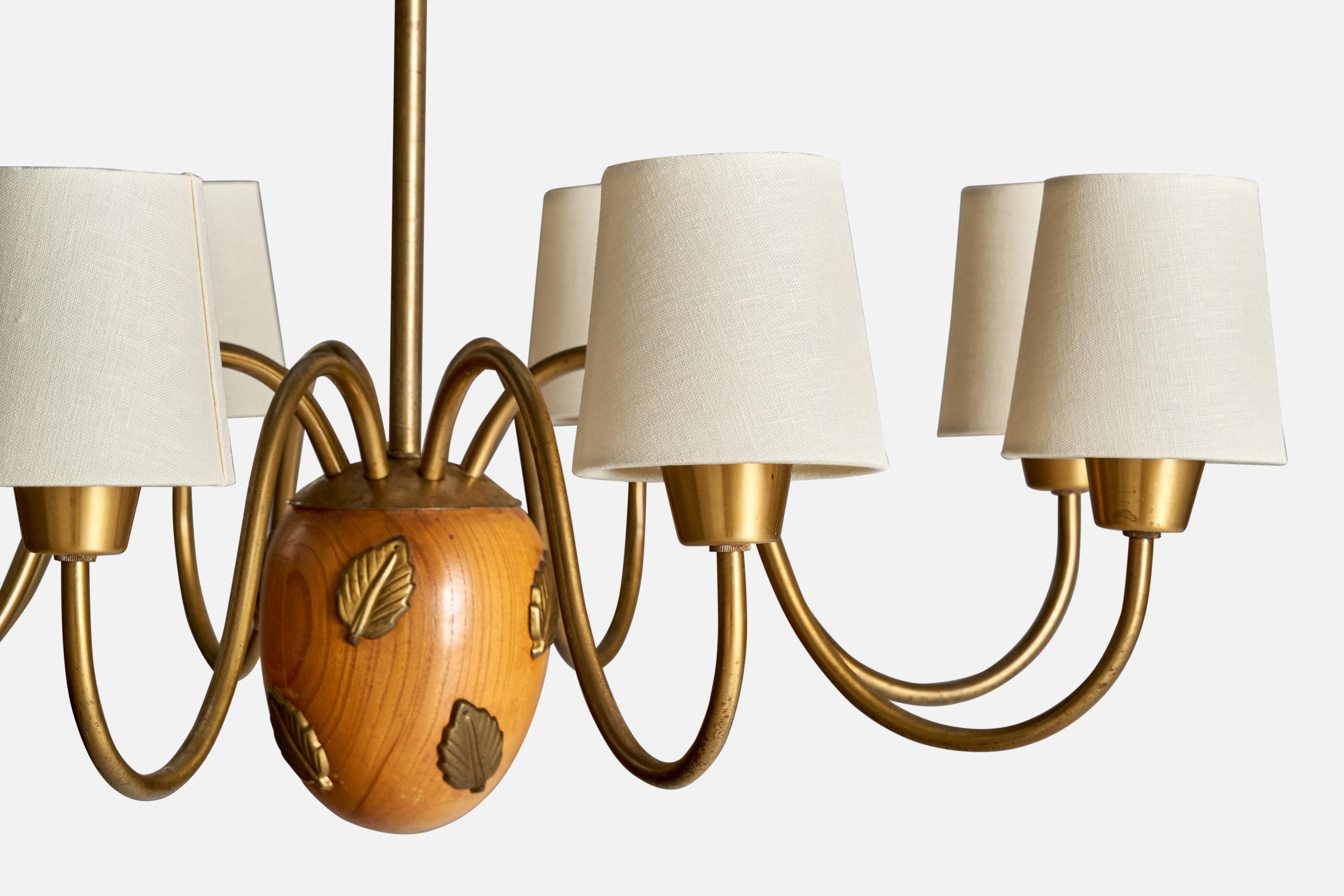 Hans Bergström, Chandelier, Brass, Oak, Fabric, Sweden, 1940s In Good Condition For Sale In High Point, NC