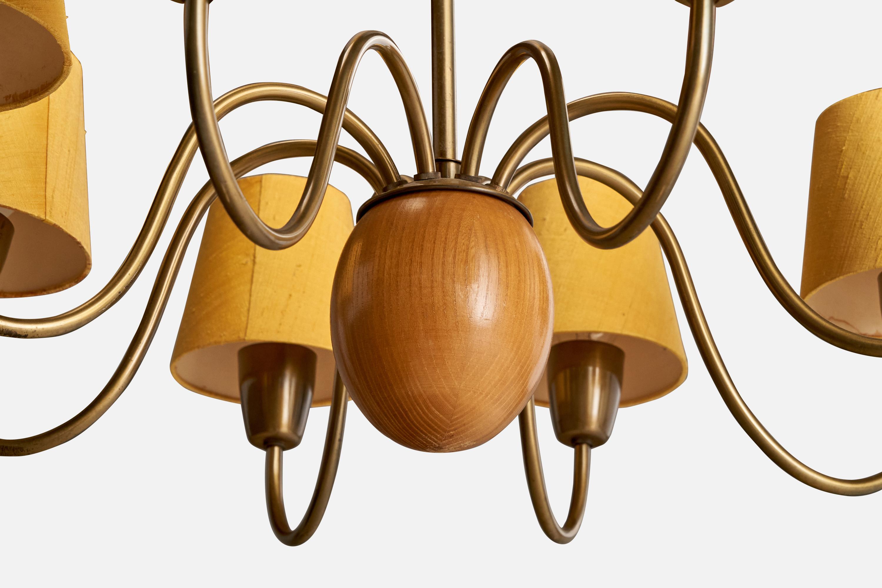 Mid-20th Century Hans Bergström, Chandelier, Brass, Oak, Fabric, Sweden, 1940s For Sale