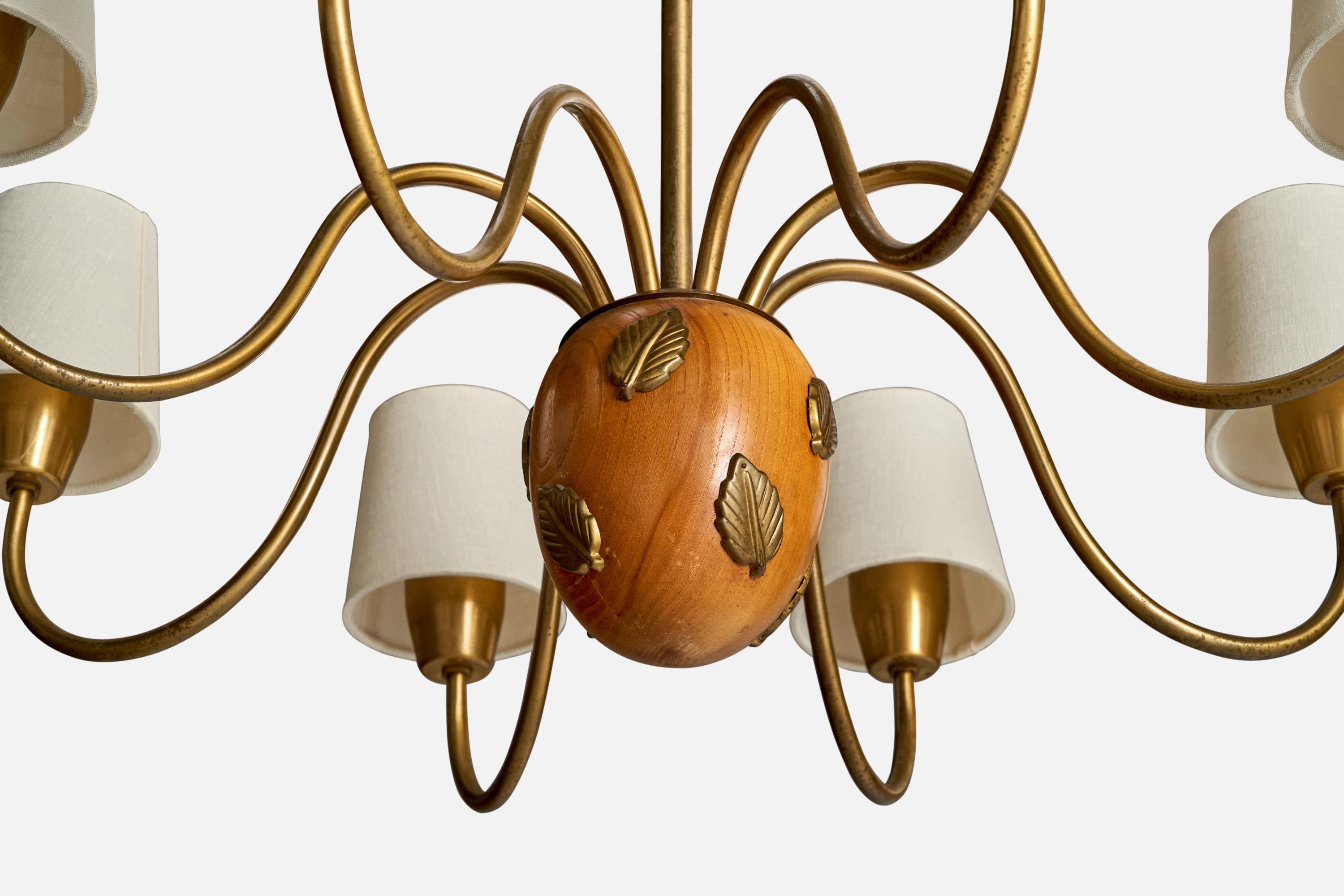 Mid-20th Century Hans Bergström, Chandelier, Brass, Oak, Fabric, Sweden, 1940s For Sale