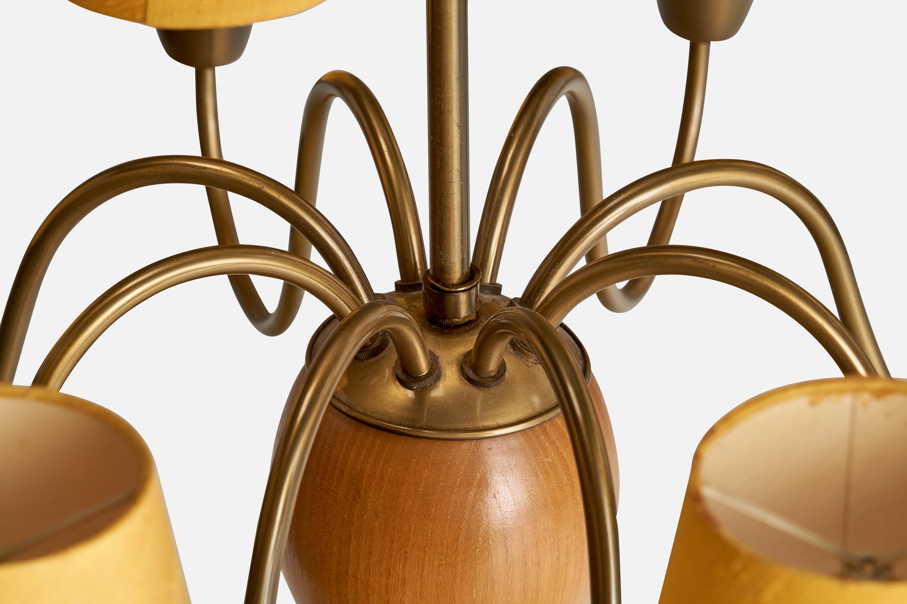Hans Bergström, Chandelier, Brass, Oak, Fabric, Sweden, 1940s For Sale 1