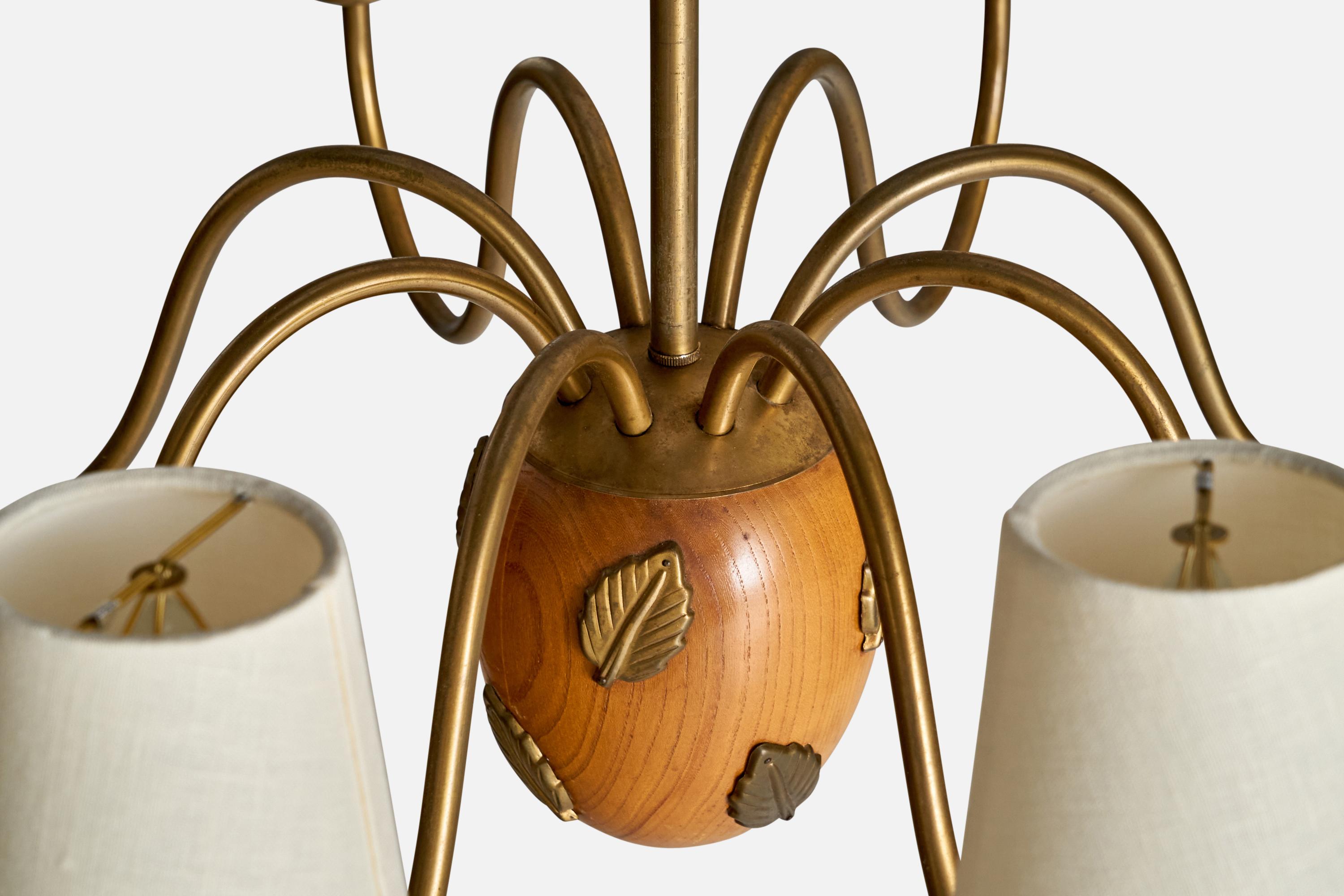 Hans Bergström, Chandelier, Brass, Oak, Fabric, Sweden, 1940s For Sale 1