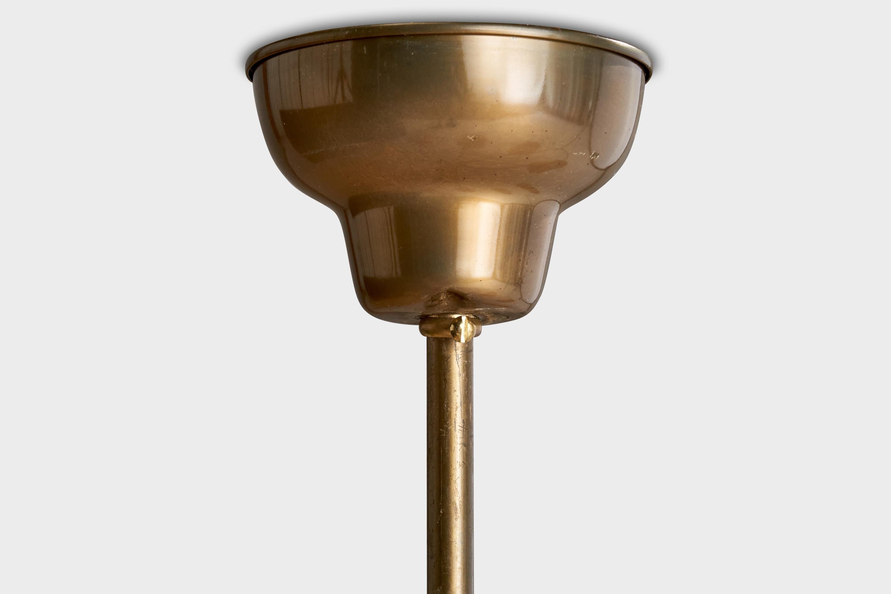Hans Bergström, Chandelier, Brass, Oak, Fabric, Sweden, 1940s For Sale 2