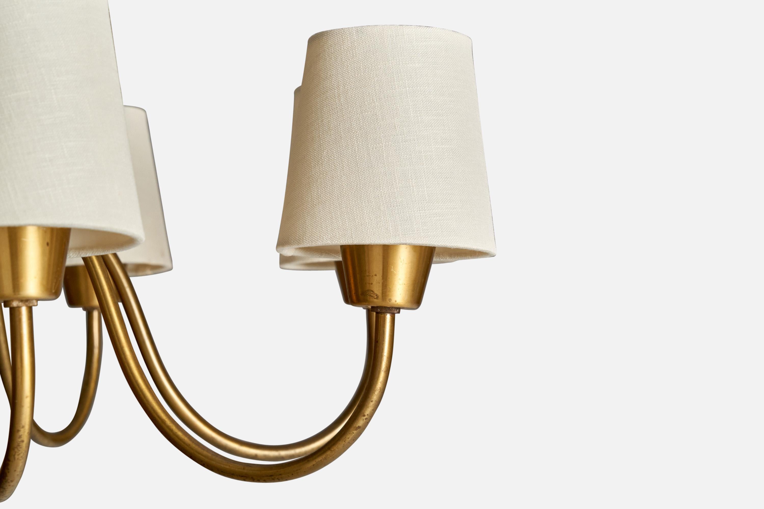 Hans Bergström, Chandelier, Brass, Oak, Fabric, Sweden, 1940s For Sale 2