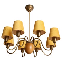 Hans Bergström, Chandelier, Brass, Oak, Fabric, Sweden, 1940s