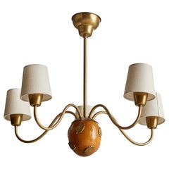 Hans Bergström, Chandelier, Oak, Brass, Fabric, Sweden, 1940s