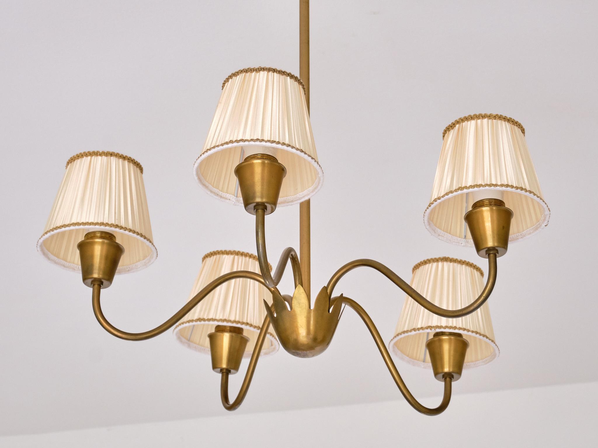 Hans Bergström Five Arm Brass Chandelier with Pleated Shades, Sweden, 1950s 3