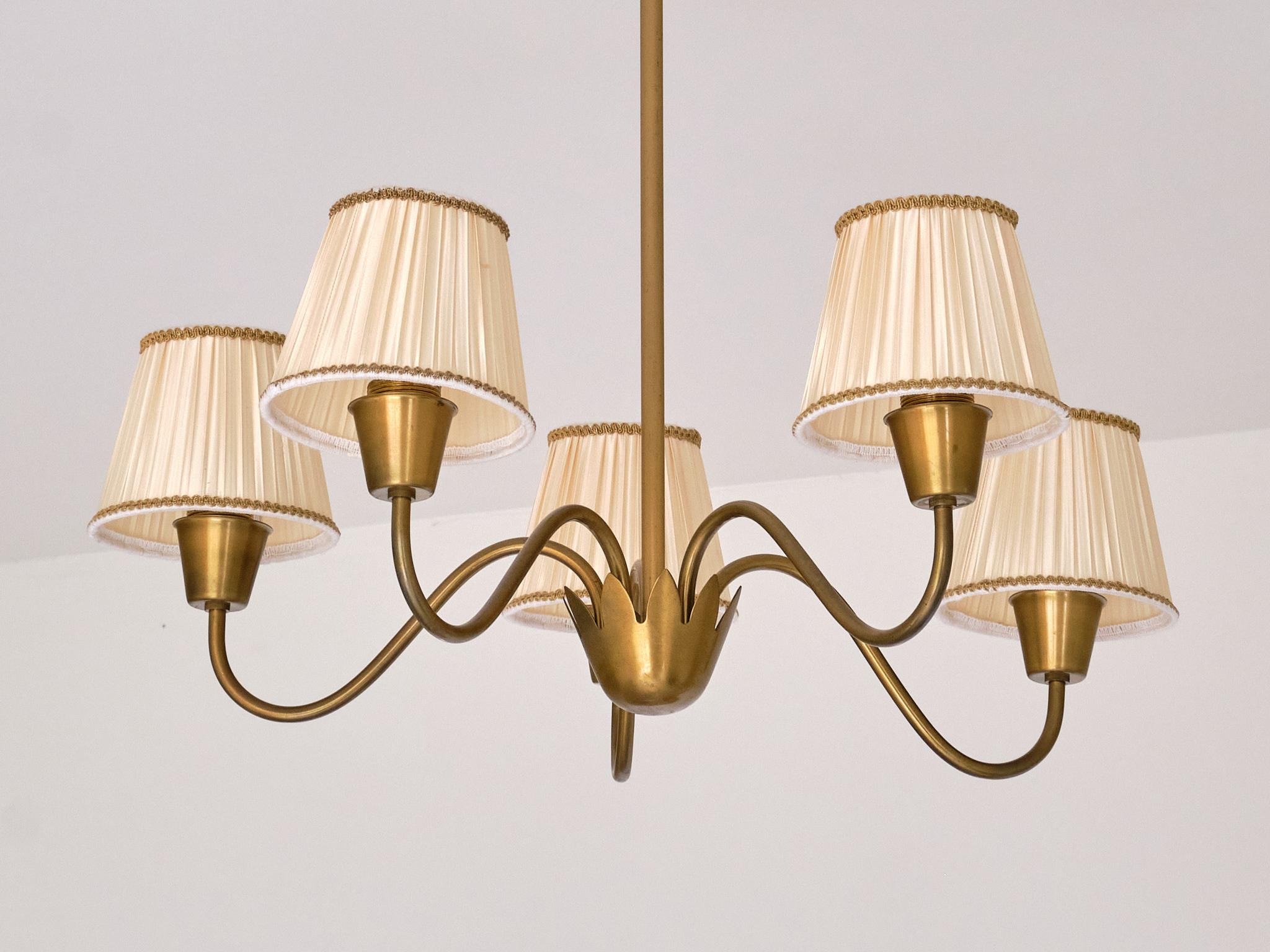 Hans Bergström Five Arm Brass Chandelier with Pleated Shades, Sweden, 1950s 4