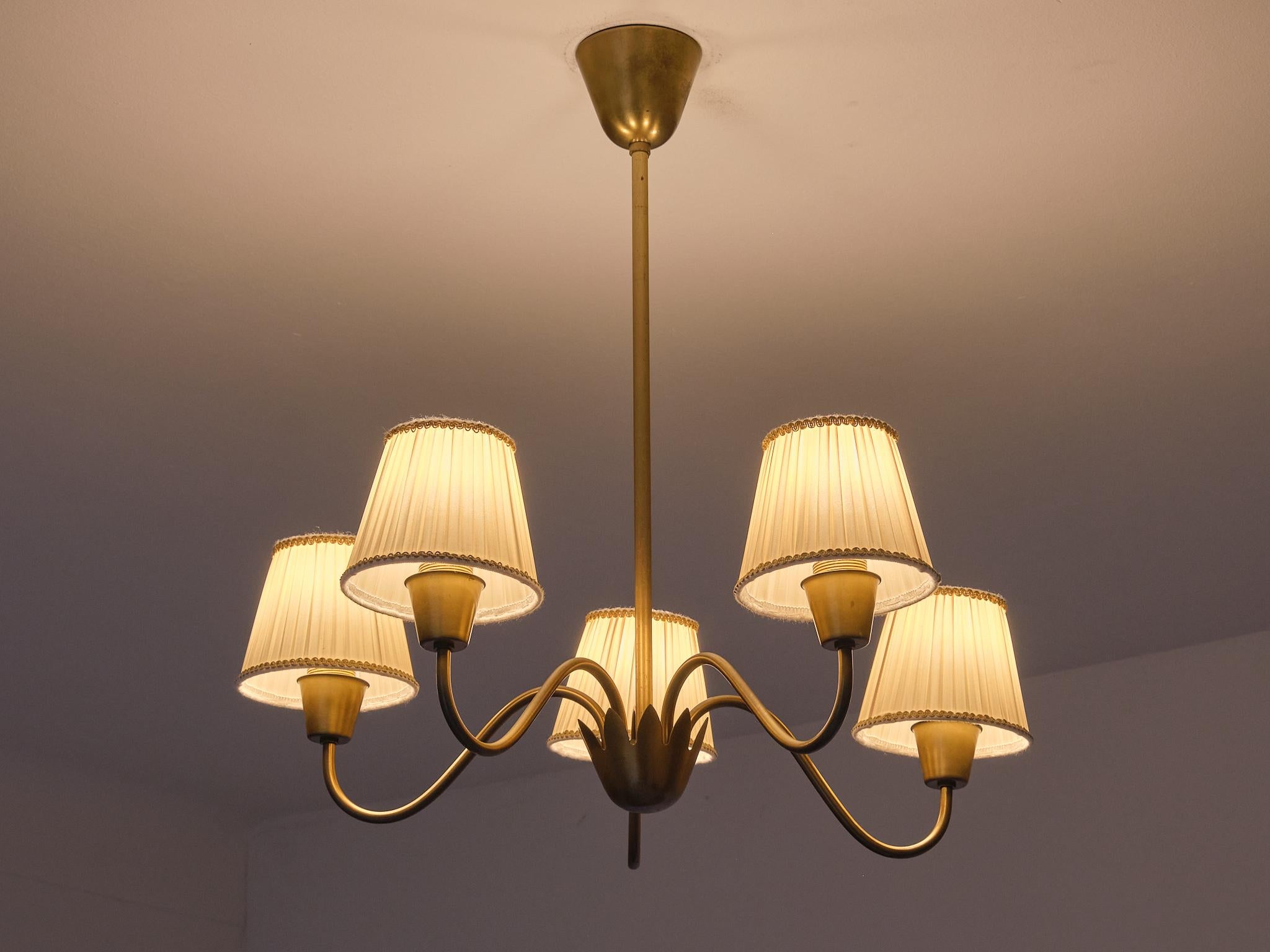 Hans Bergström Five Arm Brass Chandelier with Pleated Shades, Sweden, 1950s 5