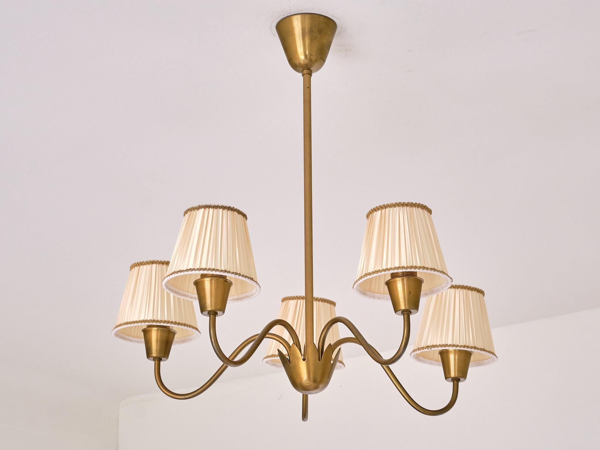 Mid-Century Modern Hans Bergström Five Arm Brass Chandelier with Pleated Shades, Sweden, 1950s