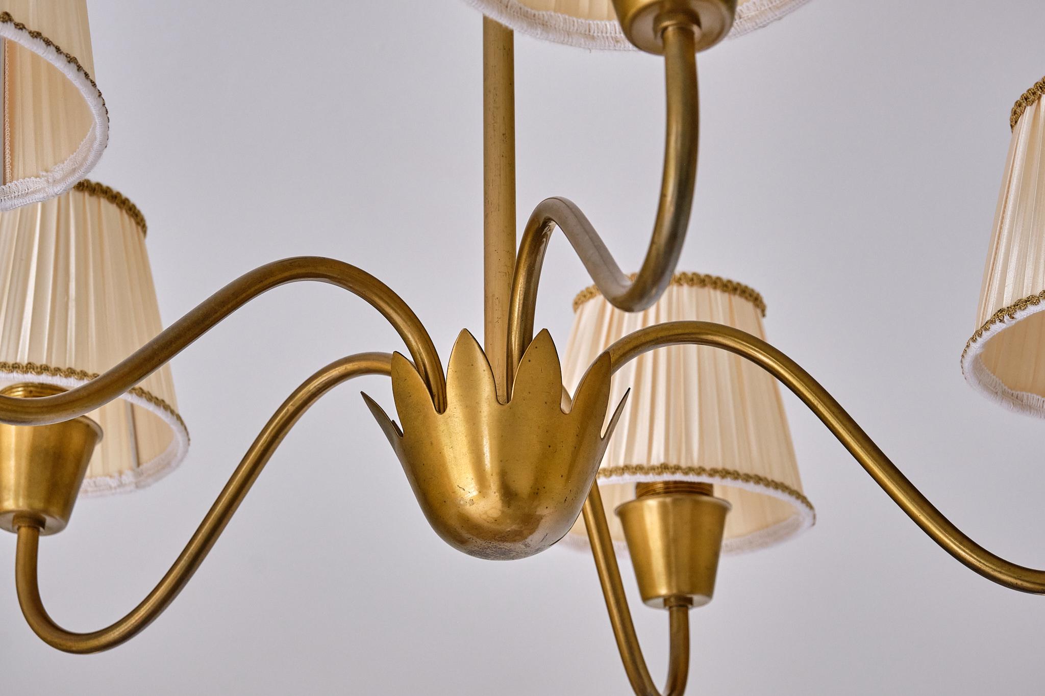 Swedish Hans Bergström Five Arm Brass Chandelier with Pleated Shades, Sweden, 1950s
