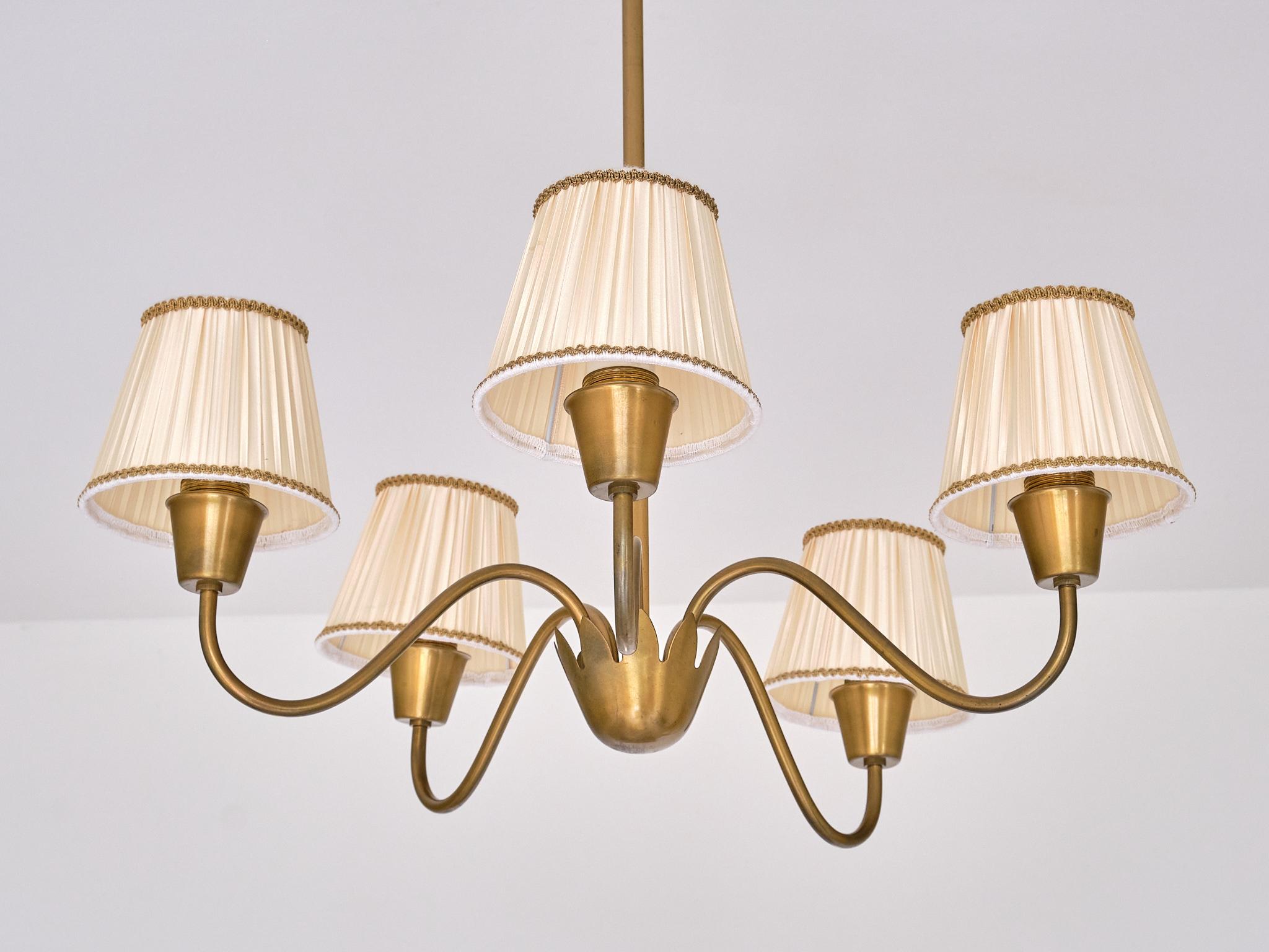 Mid-20th Century Hans Bergström Five Arm Brass Chandelier with Pleated Shades, Sweden, 1950s