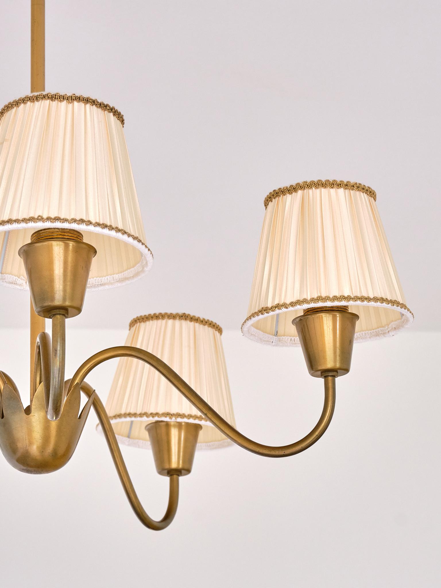 Fabric Hans Bergström Five Arm Brass Chandelier with Pleated Shades, Sweden, 1950s