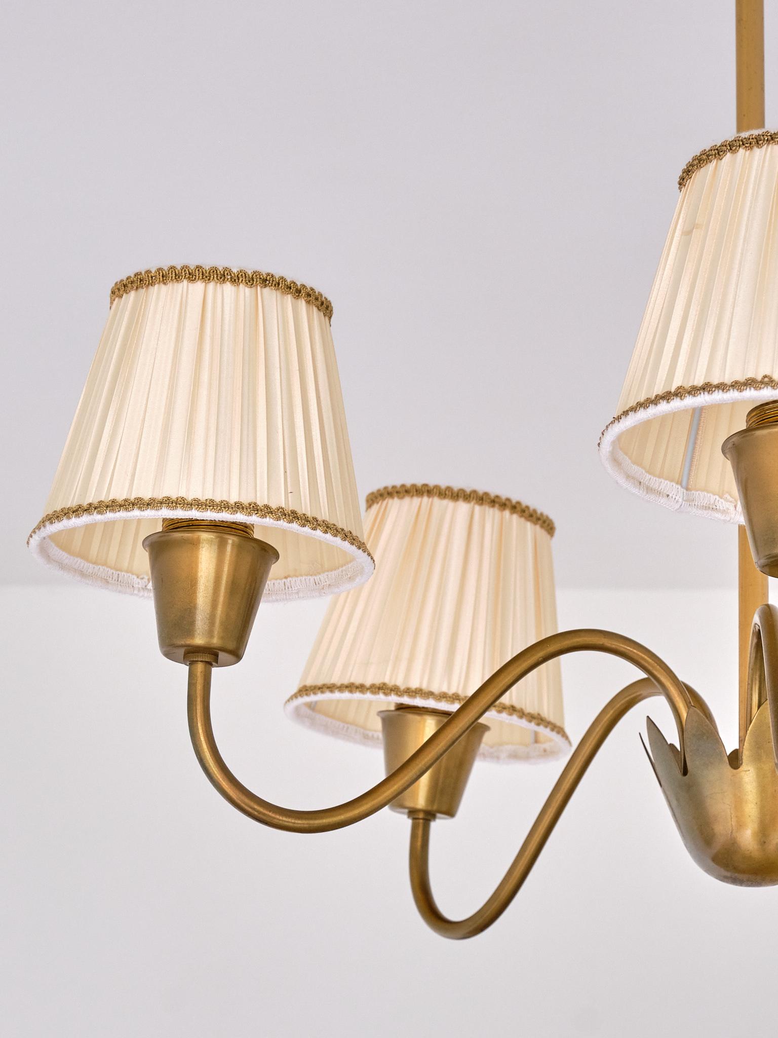 Hans Bergström Five Arm Brass Chandelier with Pleated Shades, Sweden, 1950s 1