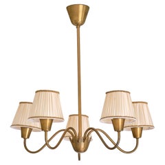 Hans Bergström Five Arm Brass Chandelier with Pleated Shades, Sweden, 1950s