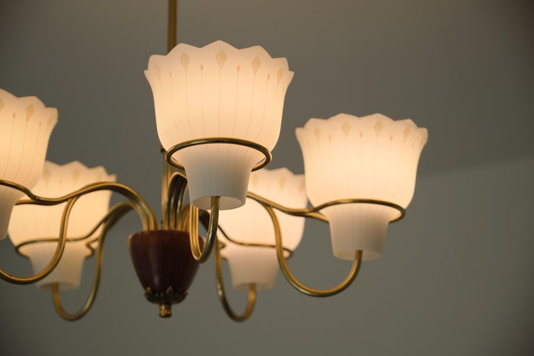 Hans Bergström Five Arm Chandelier in Brass, Wood and Glass, ASEA, Sweden, 1950s For Sale 9