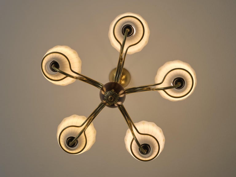 Hans Bergström Five Arm Chandelier in Brass, Wood and Glass, ASEA, Sweden, 1950s For Sale 11