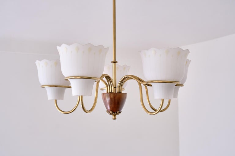 Hans Bergström Five Arm Chandelier in Brass, Wood and Glass, ASEA, Sweden, 1950s For Sale 13