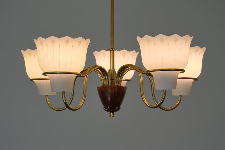 This exceptional, rare five arm chandelier was designed by Hans Bergström and produced by ASEA in Sweden in the early 1950s. The brass stem with an inverted cone shaped centre in solid stained elm wood, to which the five brass arms are attached. The