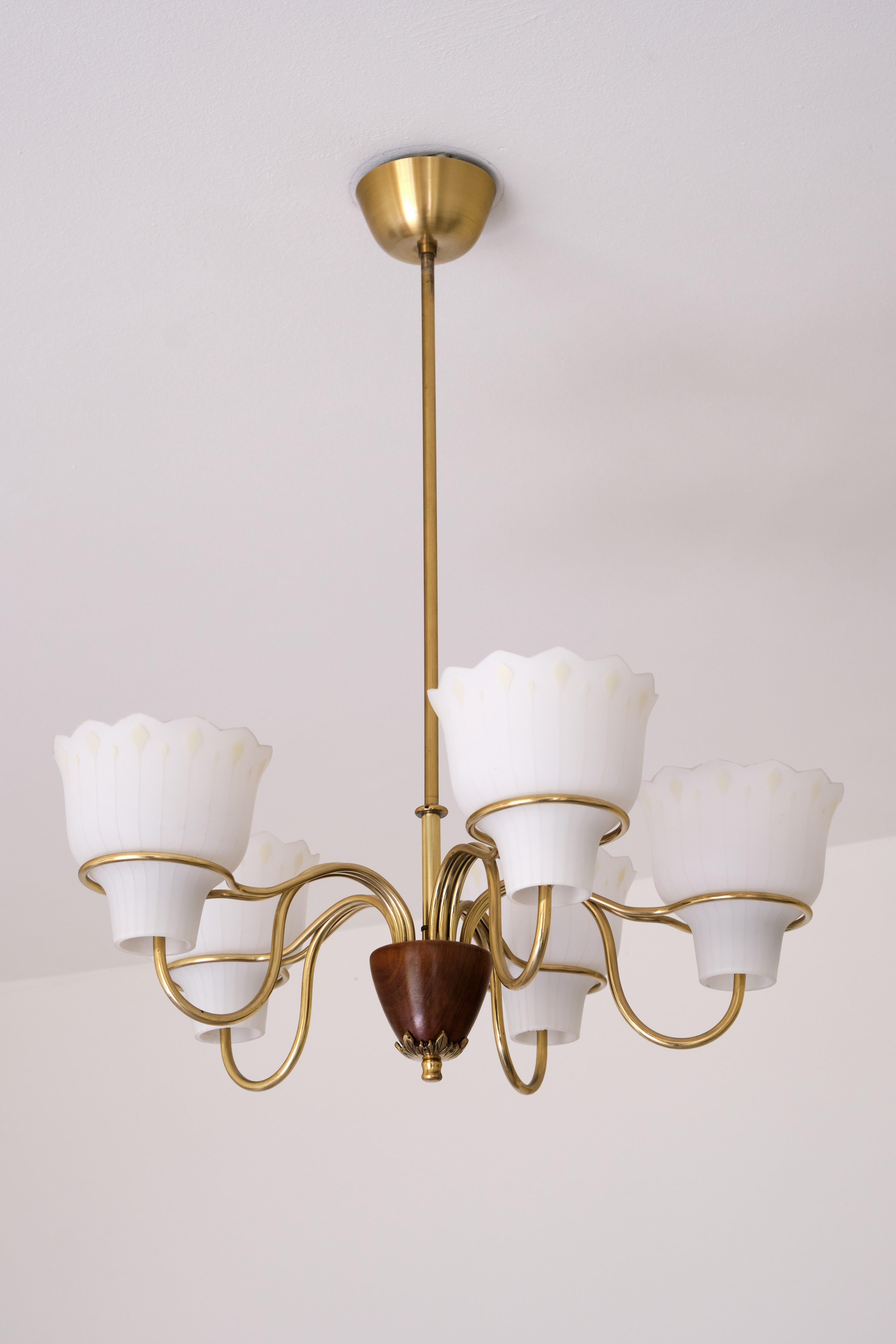 Hans Bergström Five Arm Chandelier in Brass, Wood and Glass, ASEA, Sweden, 1950s 2