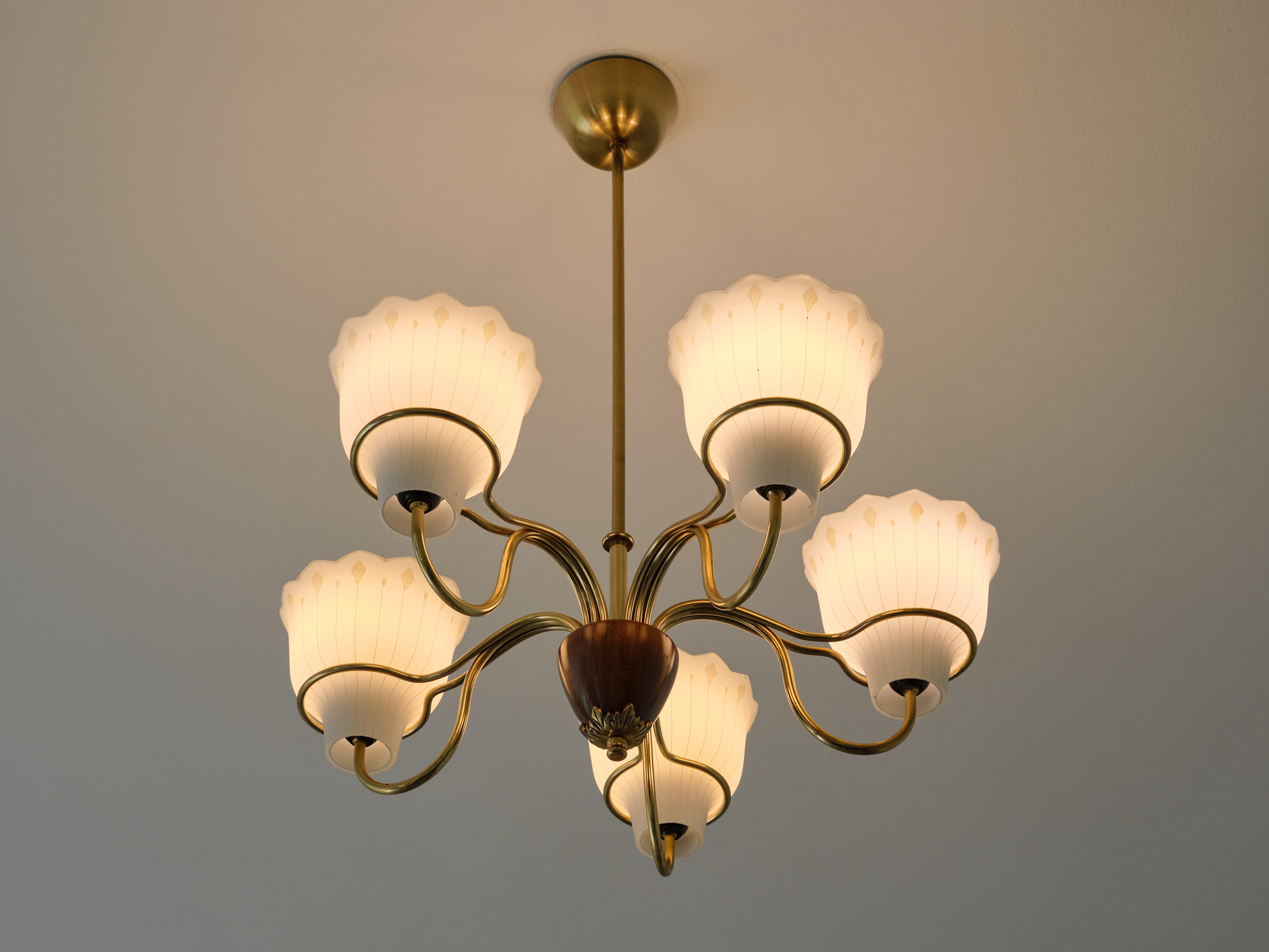 Hans Bergström Five Arm Chandelier in Brass, Wood and Glass, ASEA, Sweden, 1950s 4