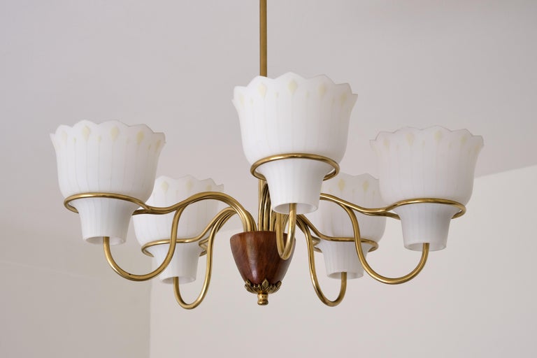 Hans Bergström Five Arm Chandelier in Brass, Wood and Glass, ASEA, Sweden, 1950s For Sale 5